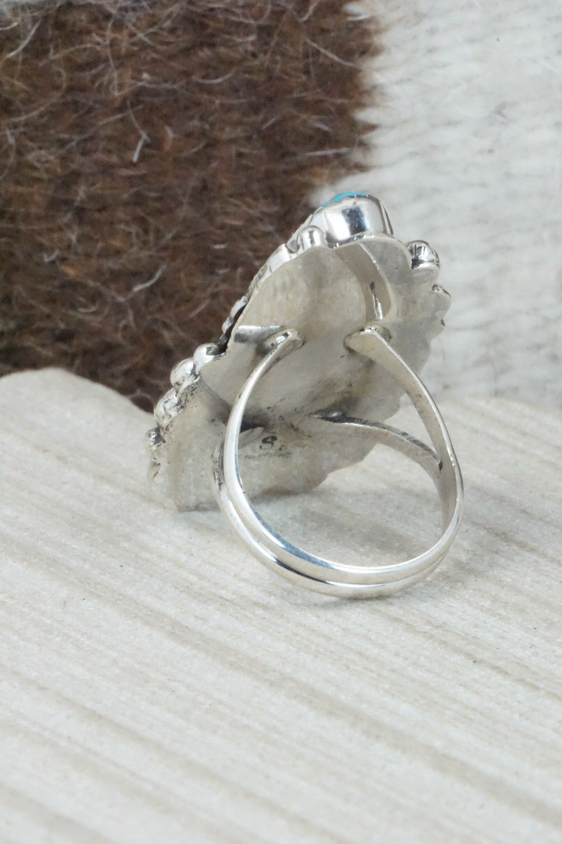 Turquoise, Coral & Sterling Silver Ring - Shirley Largo - Size 8.5