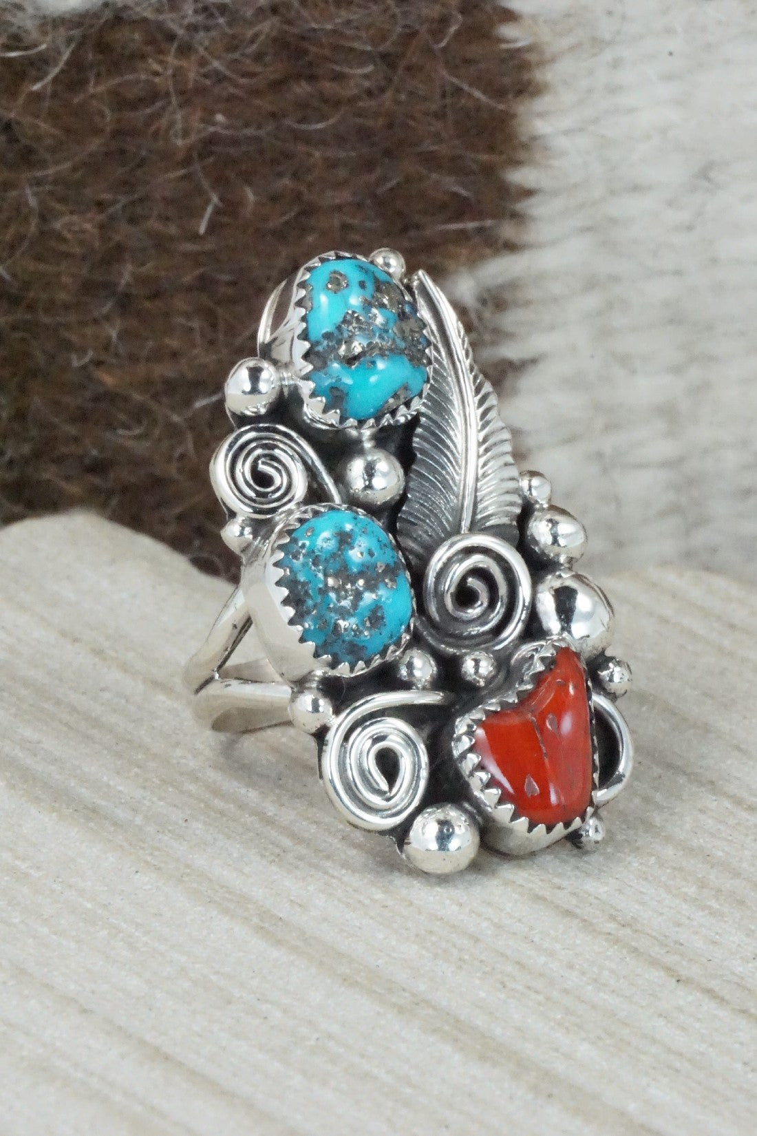 Turquoise, Coral & Sterling Silver Ring - Shirley Largo - Size 8.5