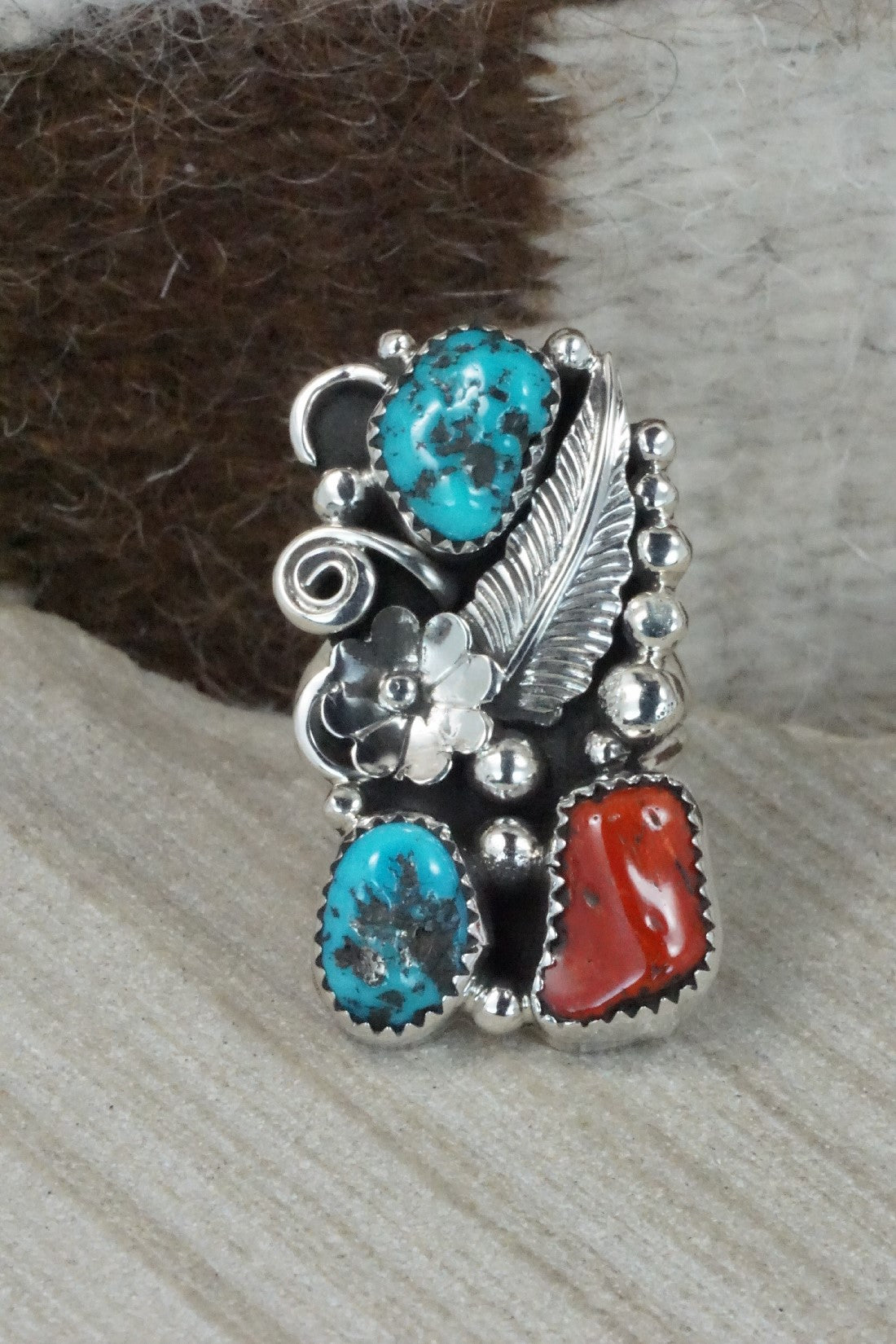 Turquoise, Coral & Sterling Silver Ring - Shirley Largo - Size 8
