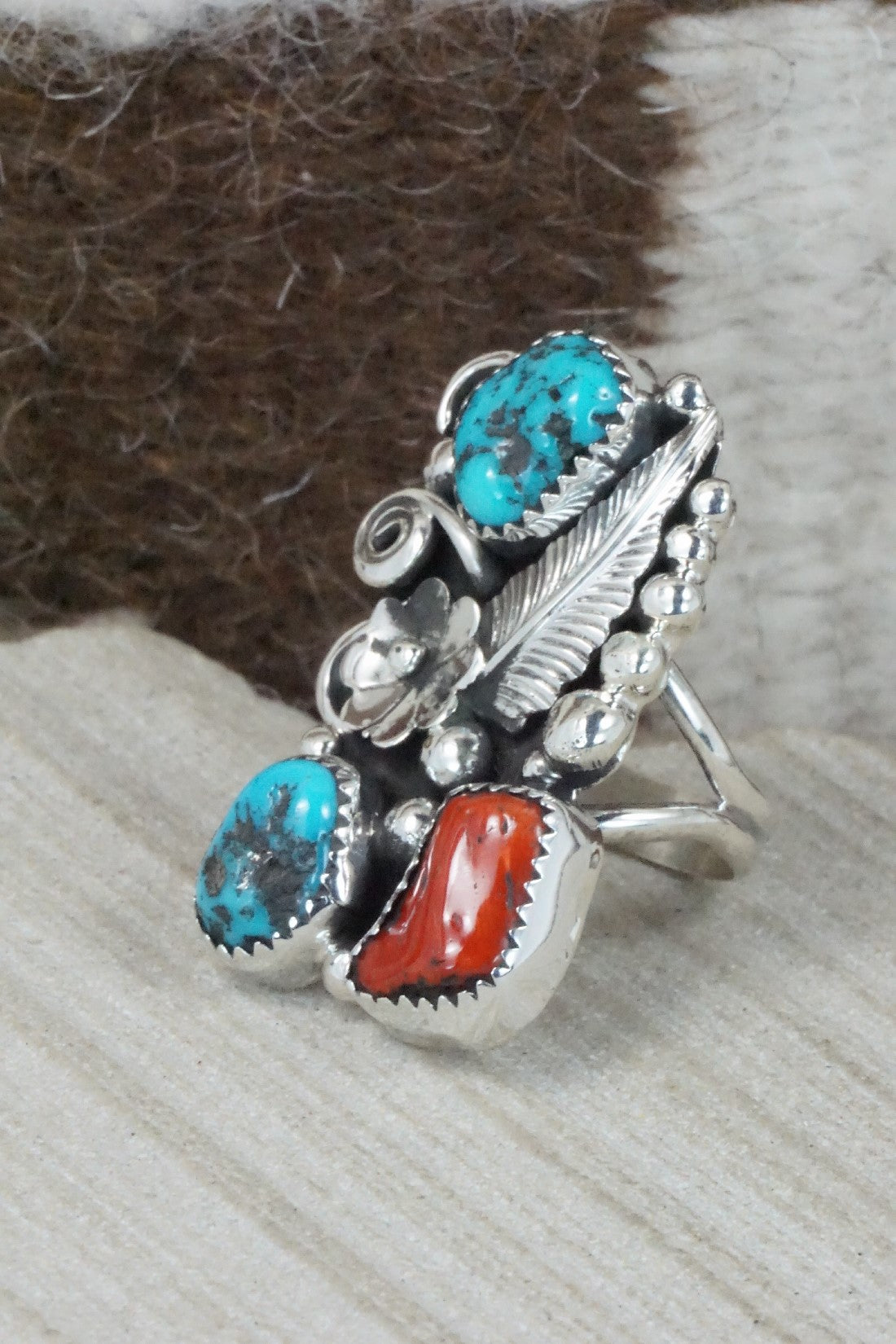Turquoise, Coral & Sterling Silver Ring - Shirley Largo - Size 8