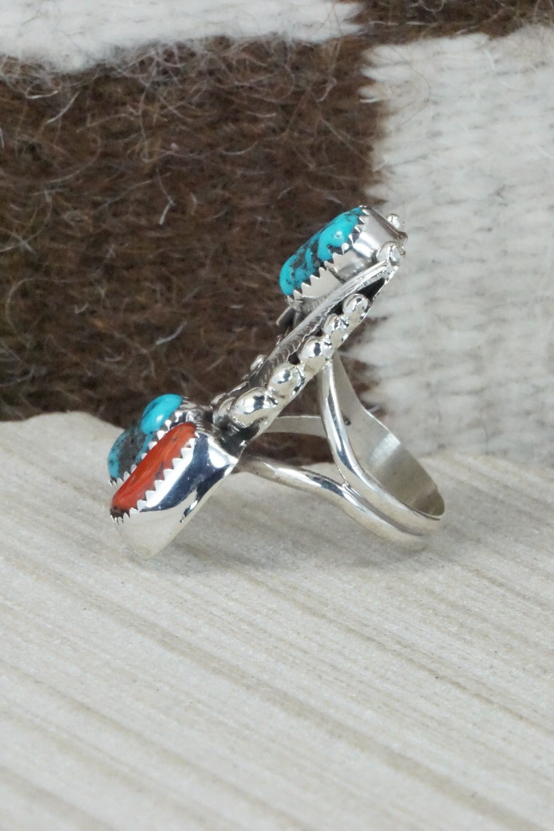 Turquoise, Coral & Sterling Silver Ring - Shirley Largo - Size 8