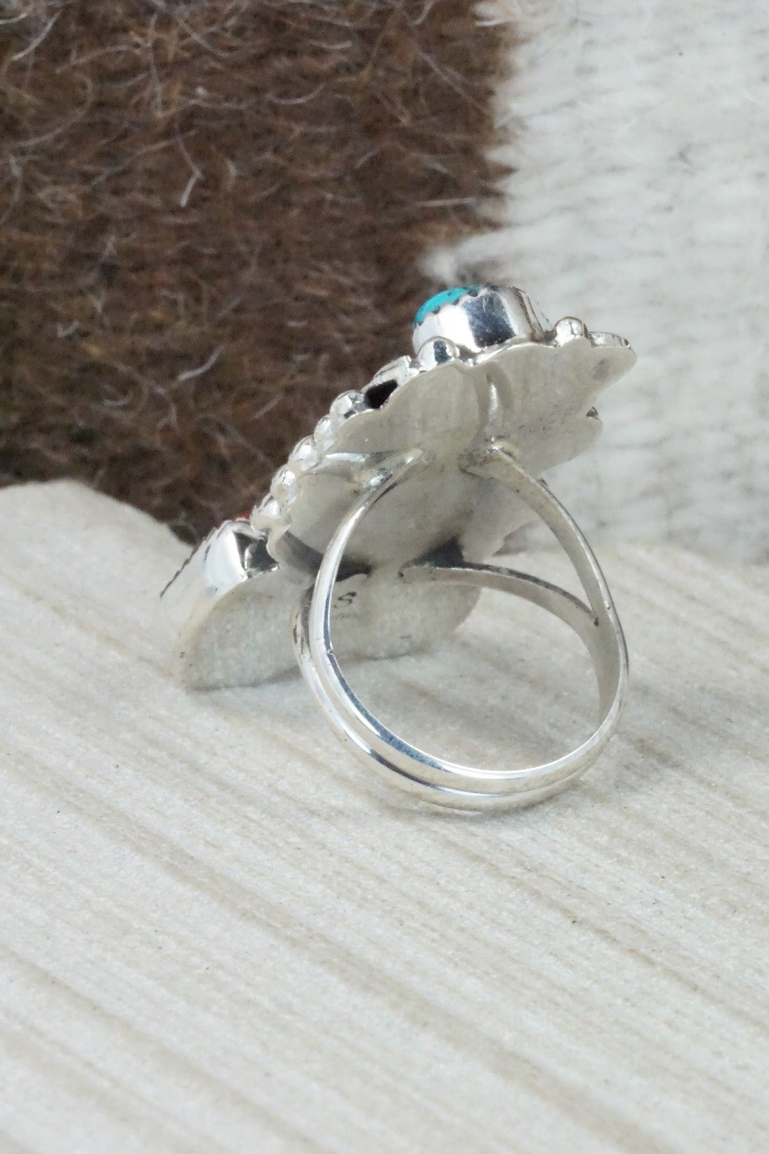 Turquoise, Coral & Sterling Silver Ring - Shirley Largo - Size 8