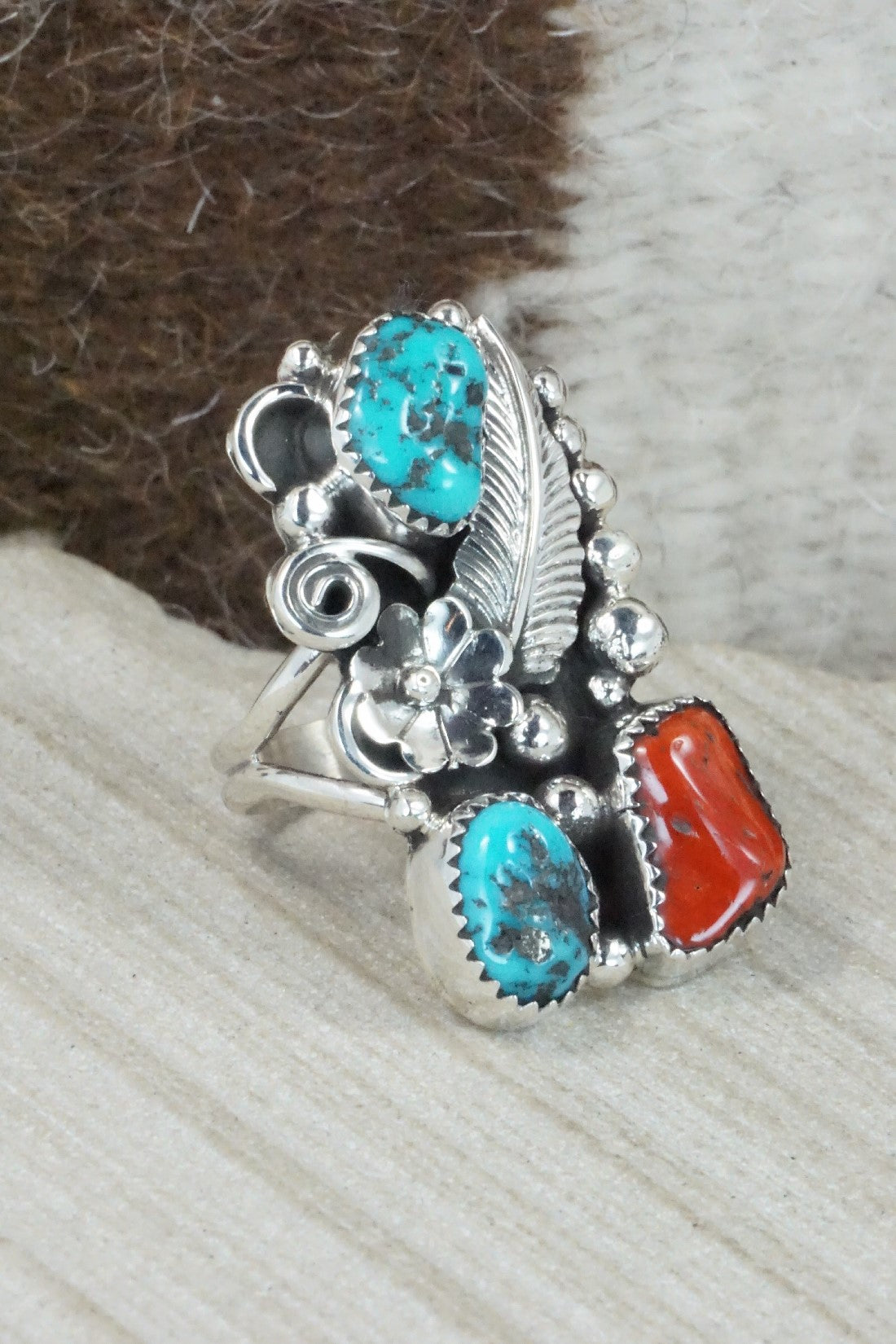 Turquoise, Coral & Sterling Silver Ring - Shirley Largo - Size 8