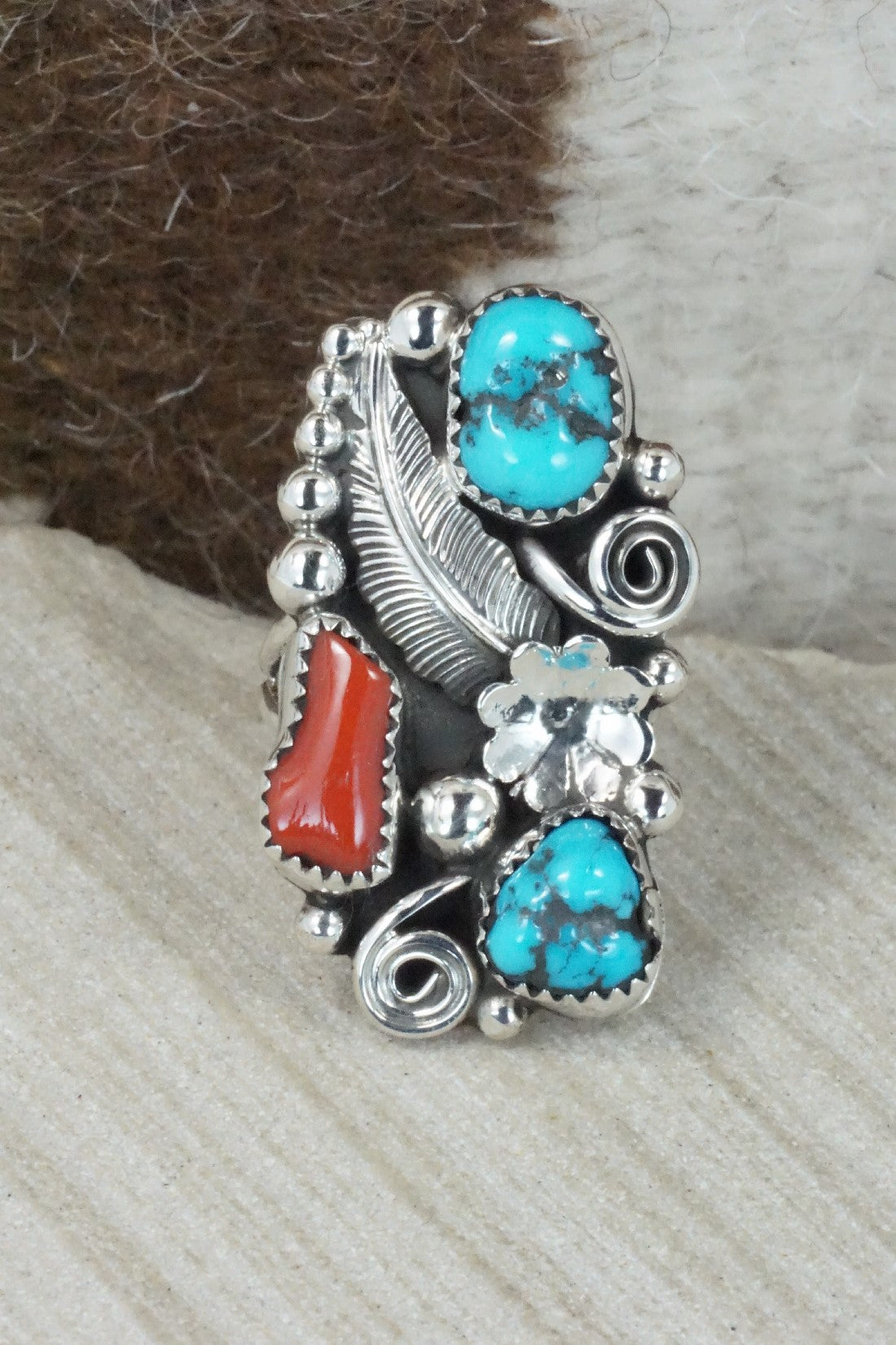 Turquoise, Coral & Sterling Silver Ring - Shirley Largo - Size 8.5
