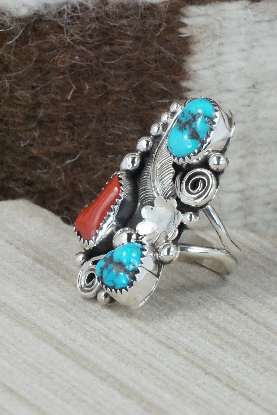 Turquoise, Coral & Sterling Silver Ring - Shirley Largo - Size 8.5
