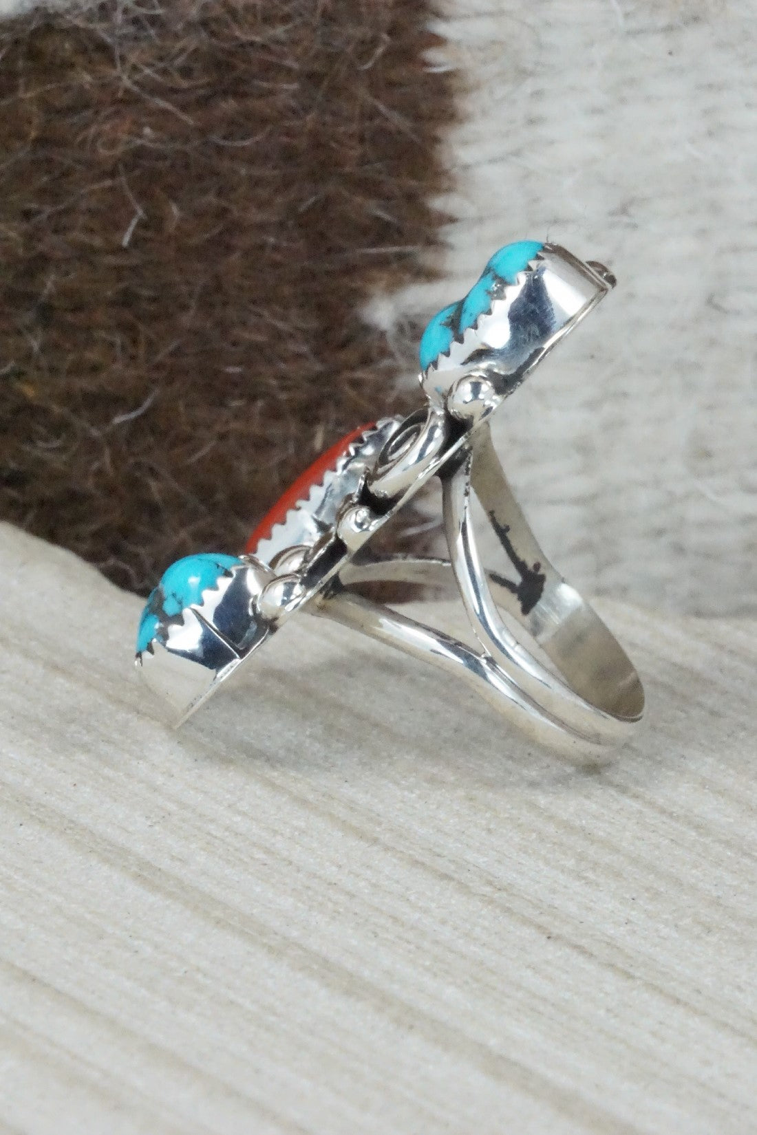 Turquoise, Coral & Sterling Silver Ring - Shirley Largo - Size 8.5