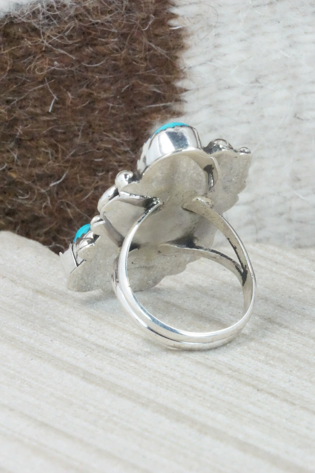Turquoise, Coral & Sterling Silver Ring - Shirley Largo - Size 8.5
