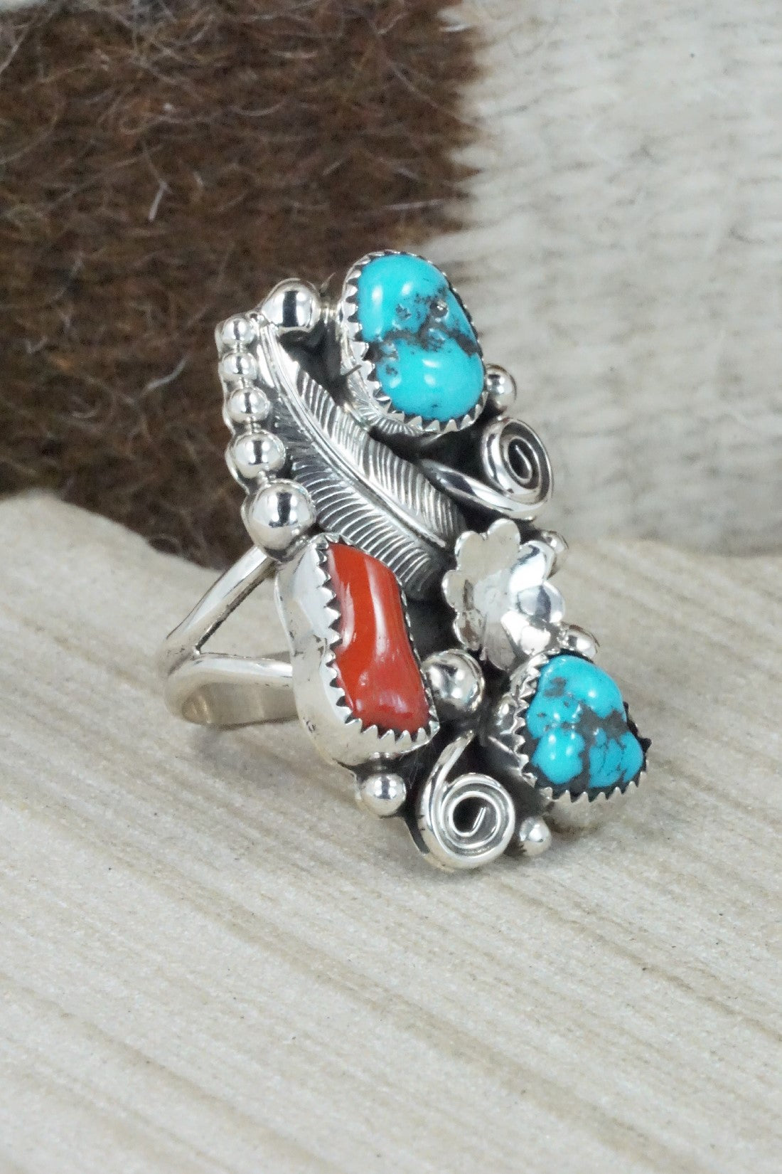 Turquoise, Coral & Sterling Silver Ring - Shirley Largo - Size 8.5