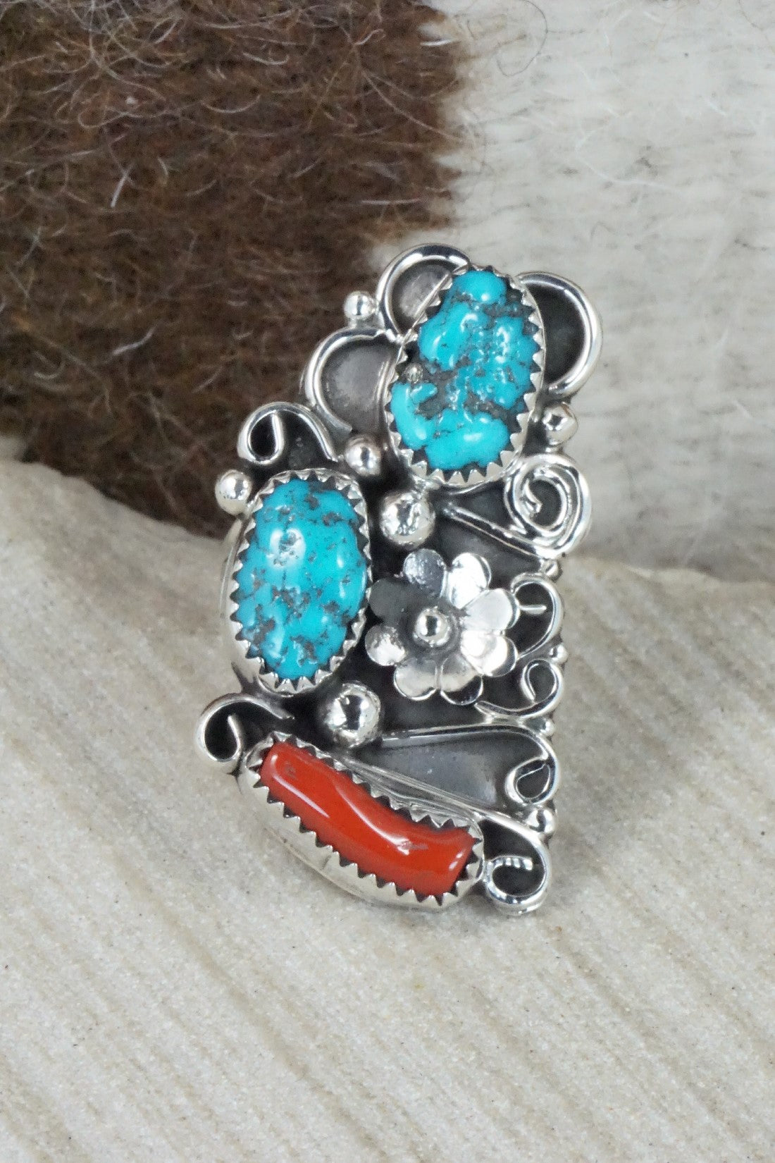 Turquoise, Coral & Sterling Silver Ring - Shirley Largo - Size 7.5