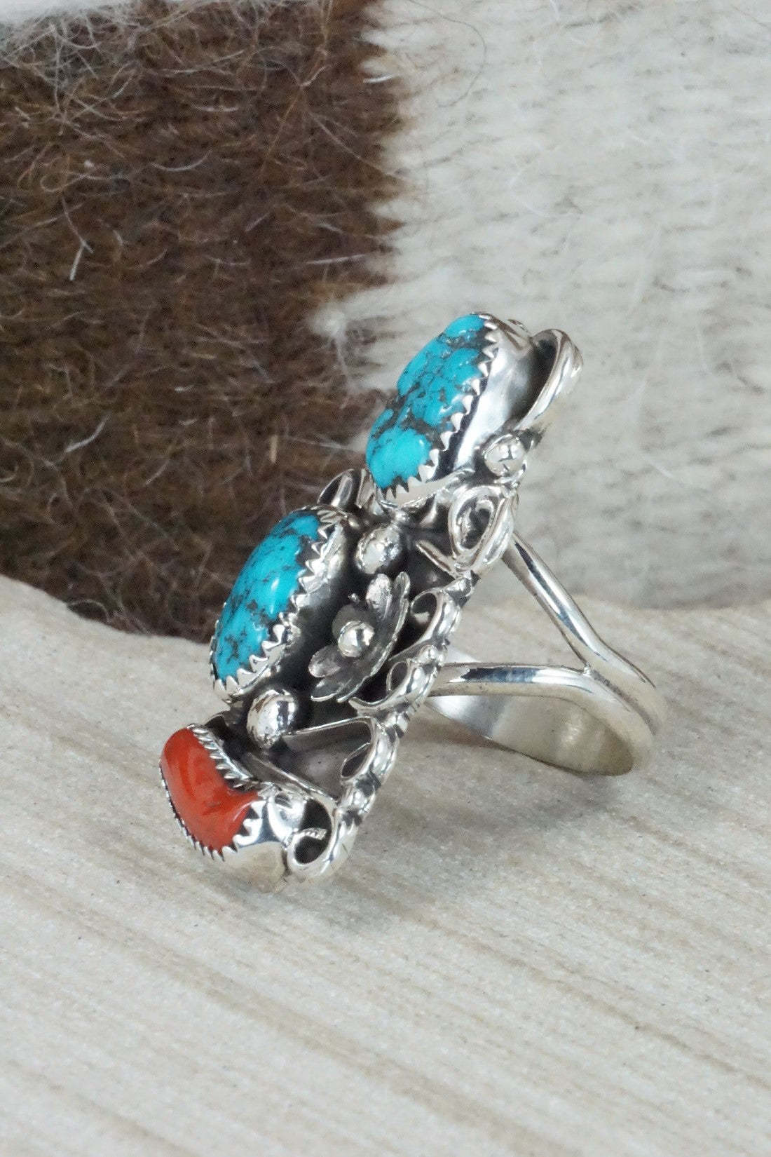 Turquoise, Coral & Sterling Silver Ring - Shirley Largo - Size 7.5