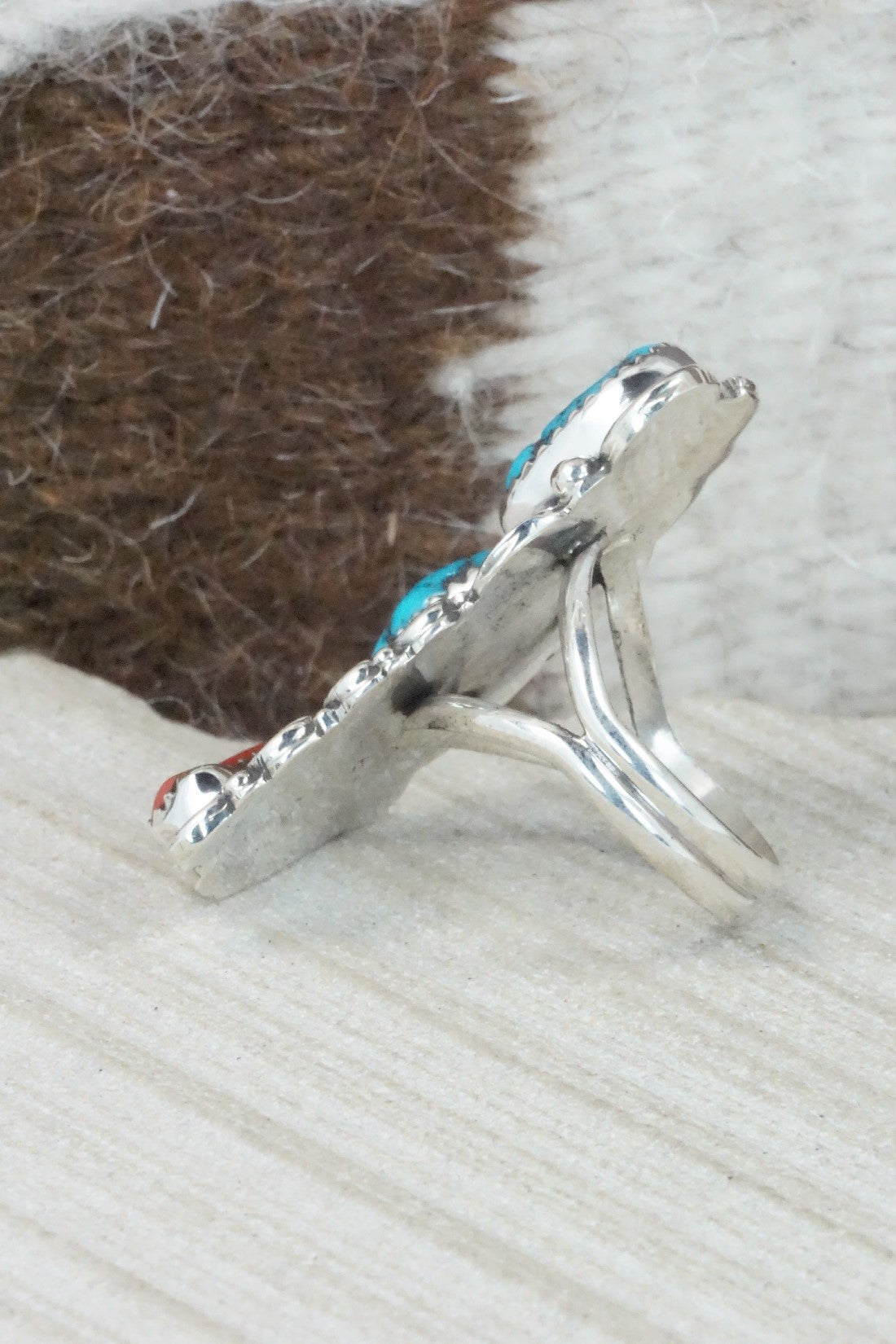 Turquoise, Coral & Sterling Silver Ring - Shirley Largo - Size 7.5