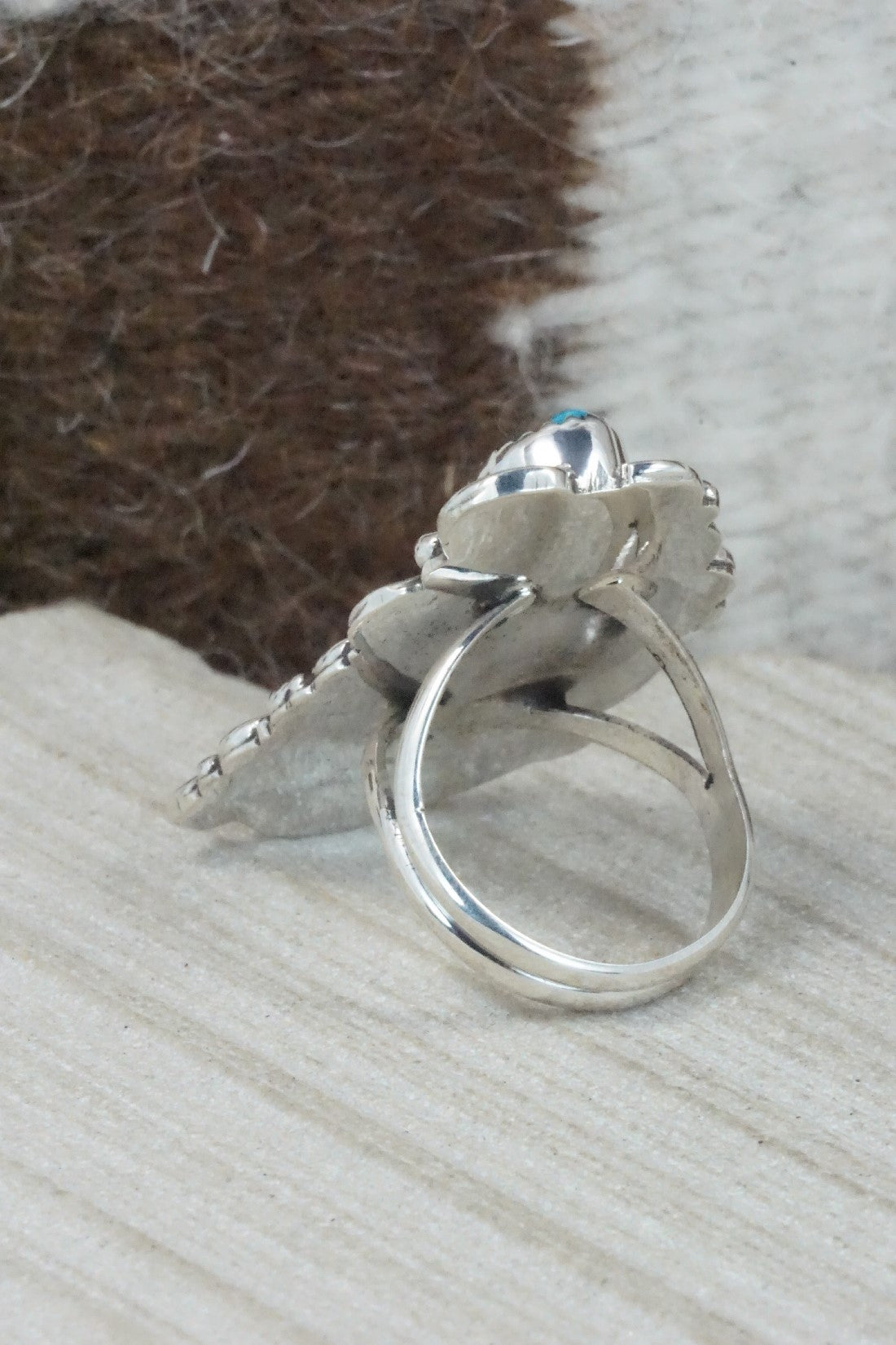 Turquoise, Coral & Sterling Silver Ring - Shirley Largo - Size 7.5