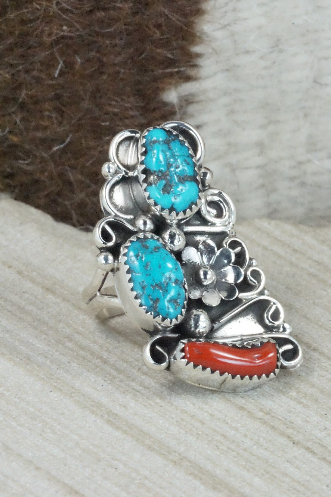 Turquoise, Coral & Sterling Silver Ring - Shirley Largo - Size 7.5