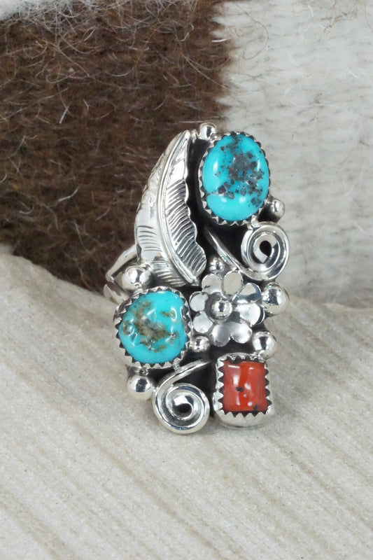 Turquoise, Coral & Sterling Silver Ring - Shirley Largo - Size 8.25
