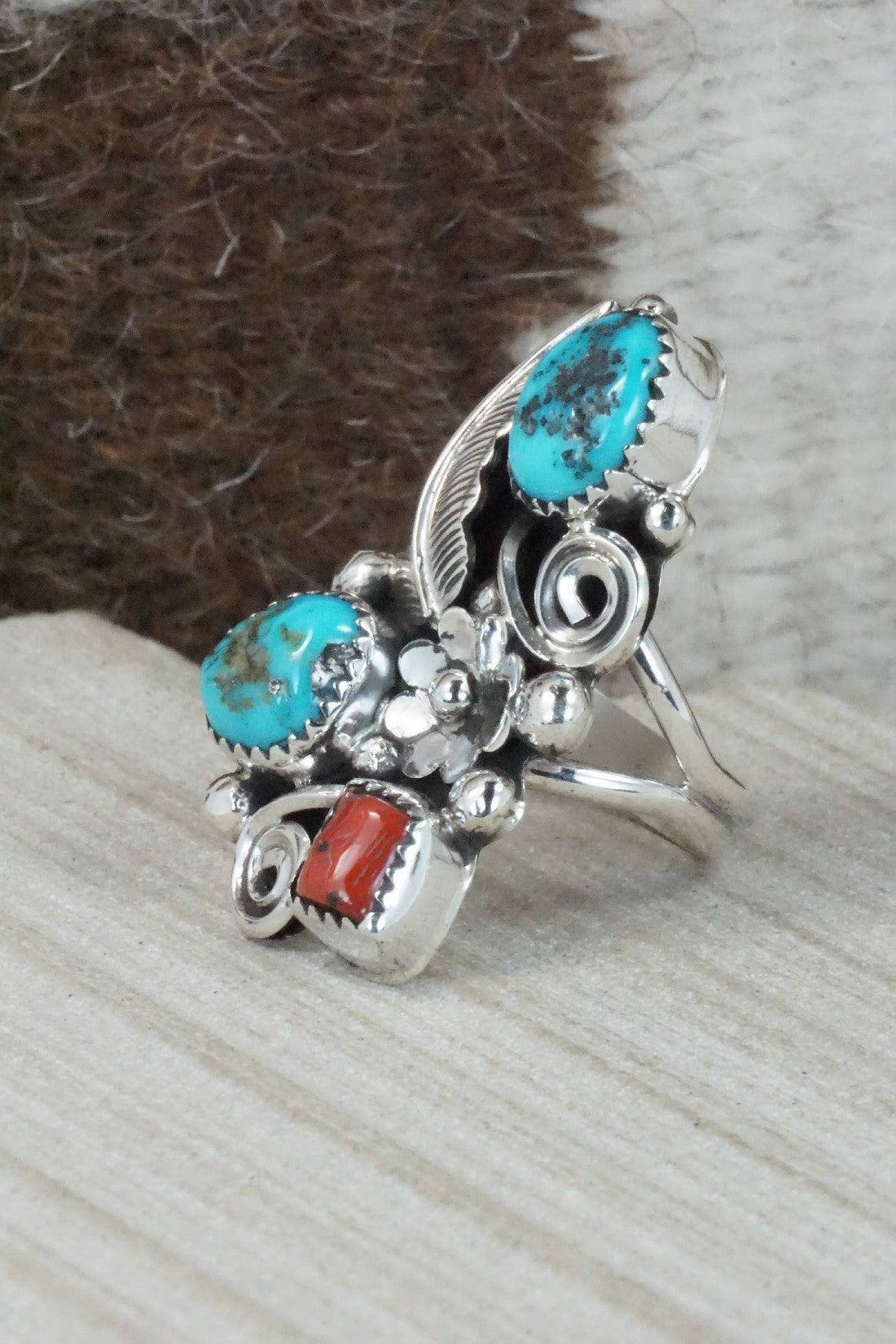 Turquoise, Coral & Sterling Silver Ring - Shirley Largo - Size 8.25