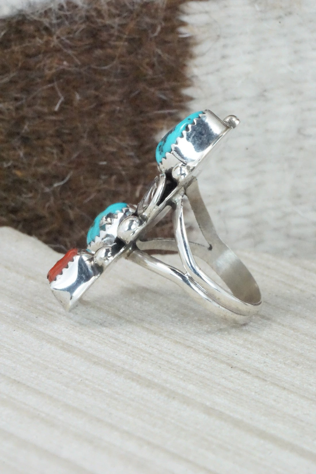 Turquoise, Coral & Sterling Silver Ring - Shirley Largo - Size 8.25