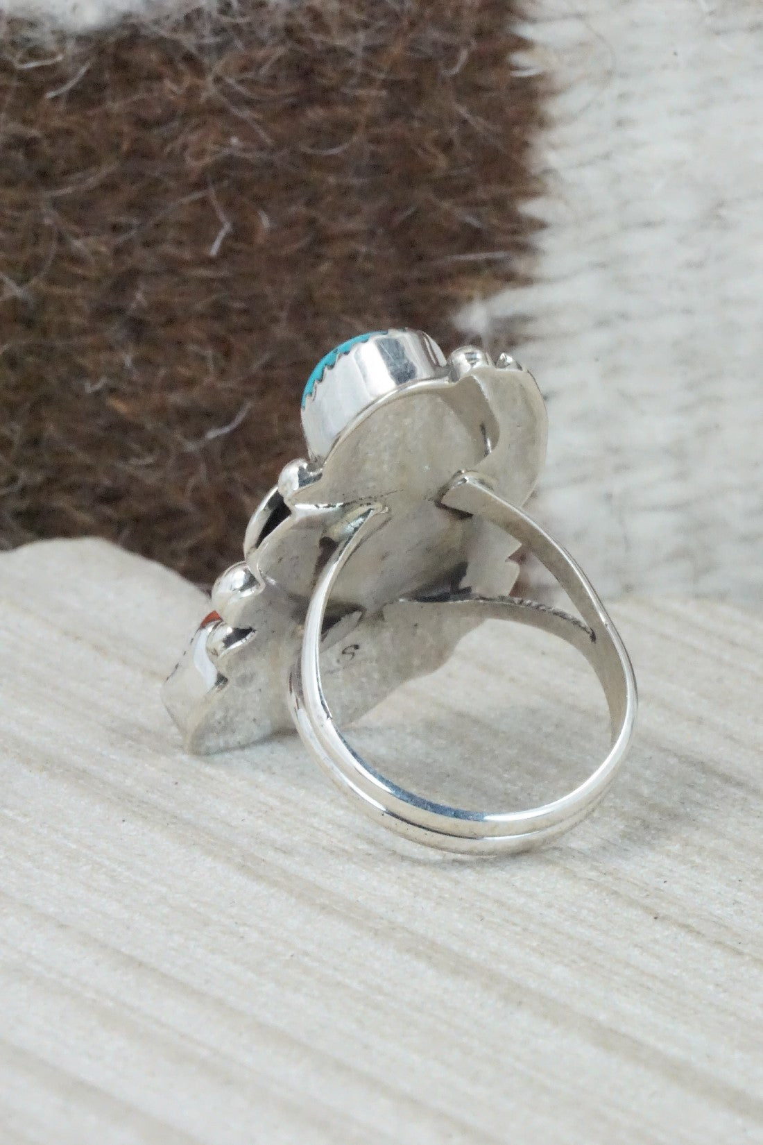 Turquoise, Coral & Sterling Silver Ring - Shirley Largo - Size 8.25