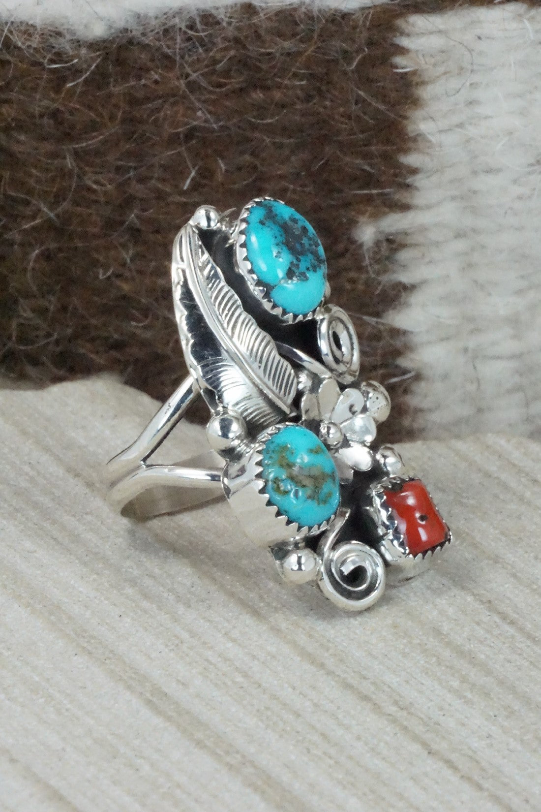 Turquoise, Coral & Sterling Silver Ring - Shirley Largo - Size 8.25