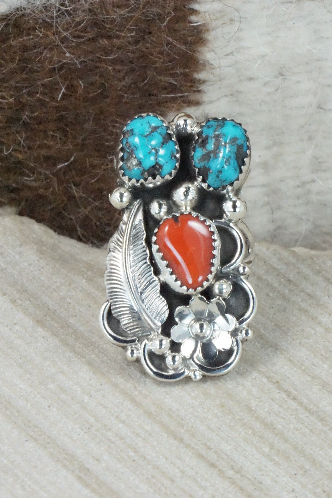 Turquoise, Coral & Sterling Silver Ring - Shirley Largo - Size 8.5