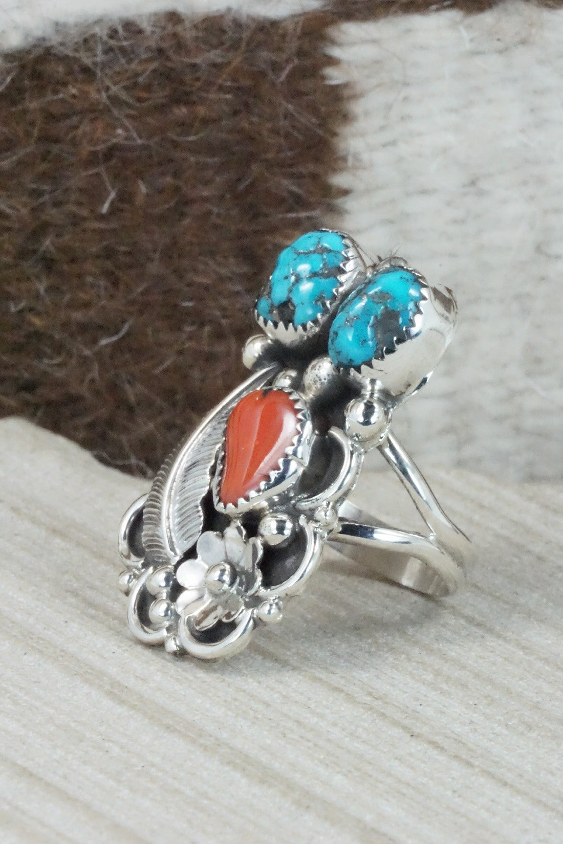 Turquoise, Coral & Sterling Silver Ring - Shirley Largo - Size 8.5