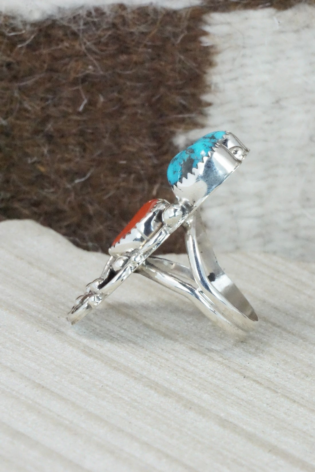 Turquoise, Coral & Sterling Silver Ring - Shirley Largo - Size 8.5