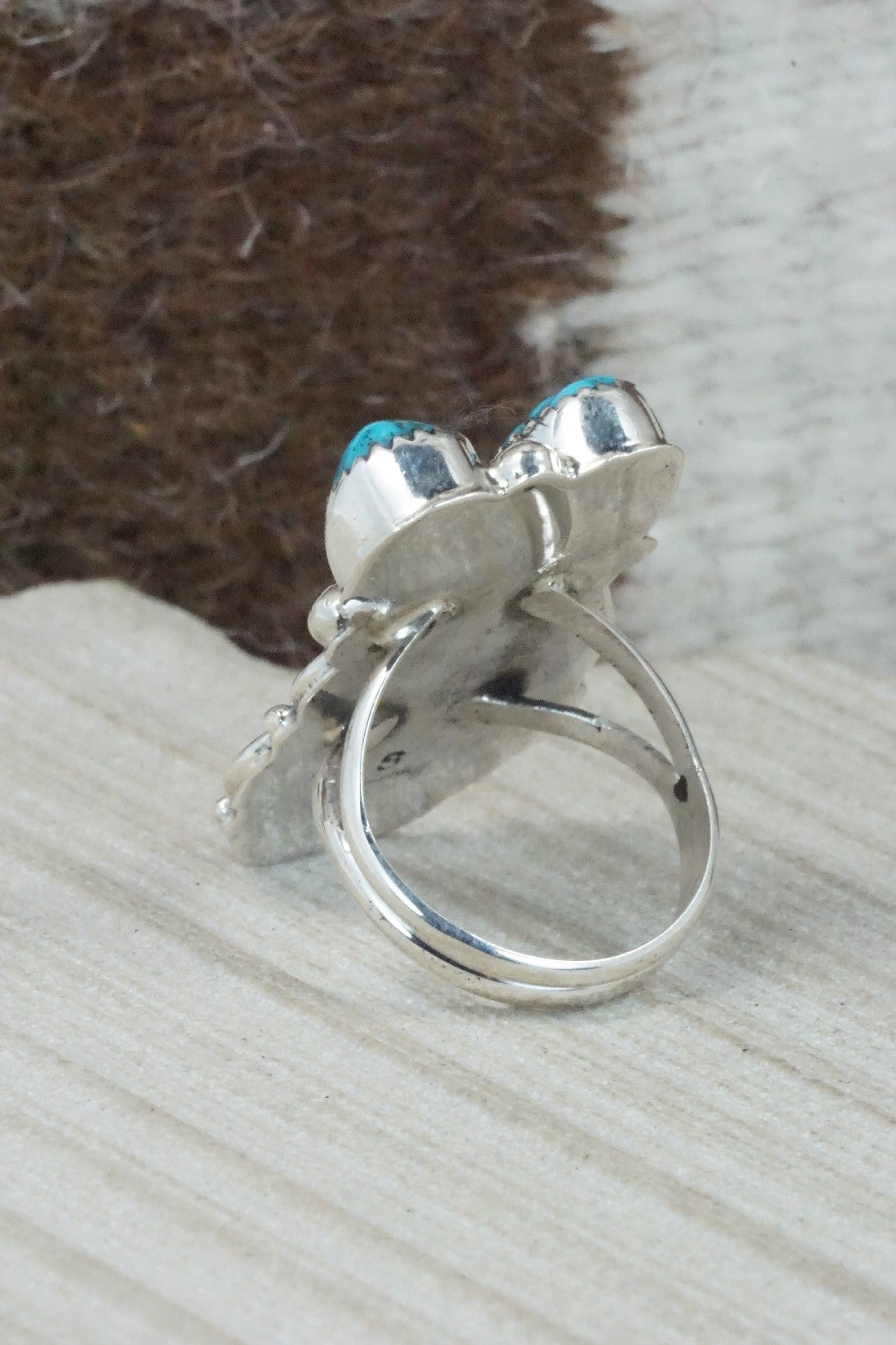 Turquoise, Coral & Sterling Silver Ring - Shirley Largo - Size 8.5