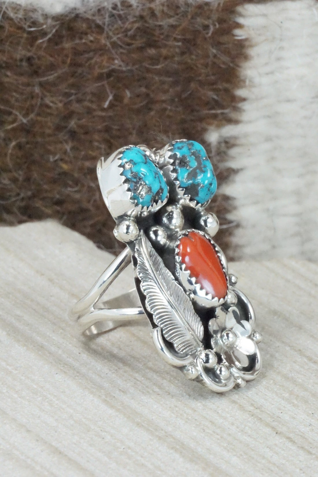 Turquoise, Coral & Sterling Silver Ring - Shirley Largo - Size 8.5