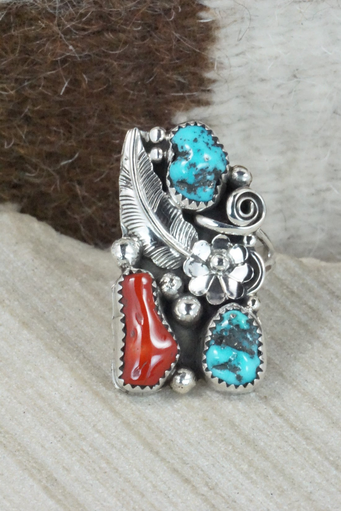 Turquoise, Coral & Sterling Silver Ring - Shirley Largo - Size 8.25
