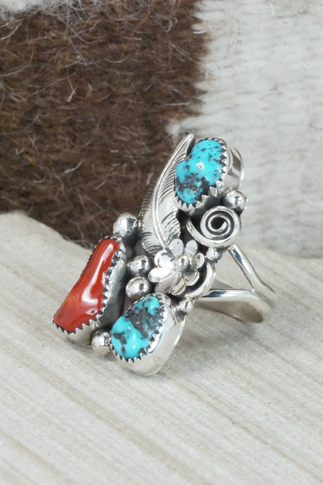 Turquoise, Coral & Sterling Silver Ring - Shirley Largo - Size 8.25