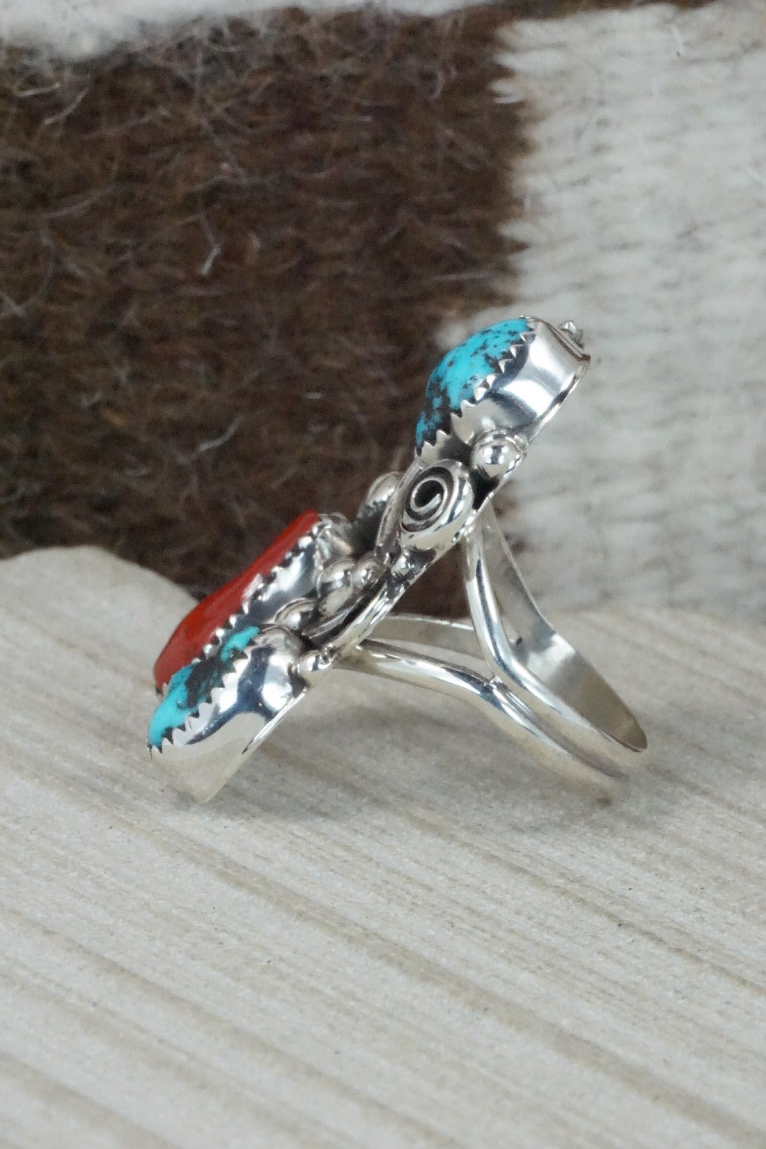 Turquoise, Coral & Sterling Silver Ring - Shirley Largo - Size 8.25