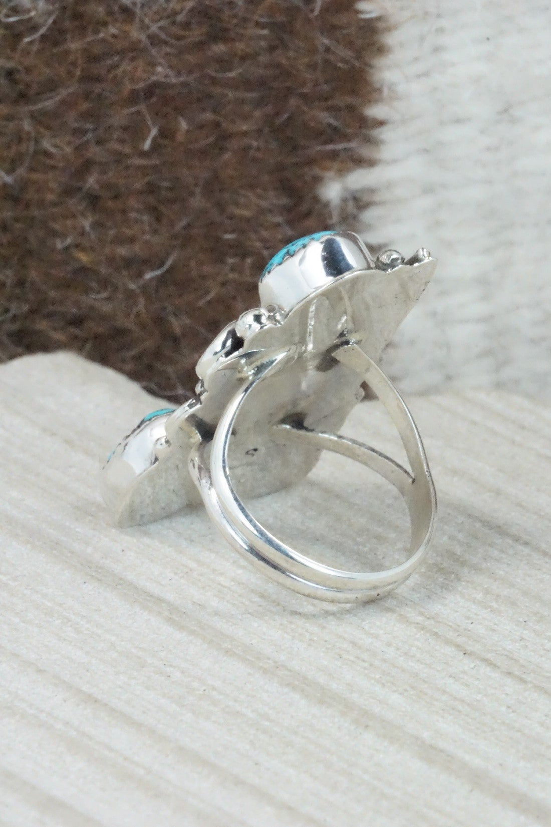 Turquoise, Coral & Sterling Silver Ring - Shirley Largo - Size 8.25