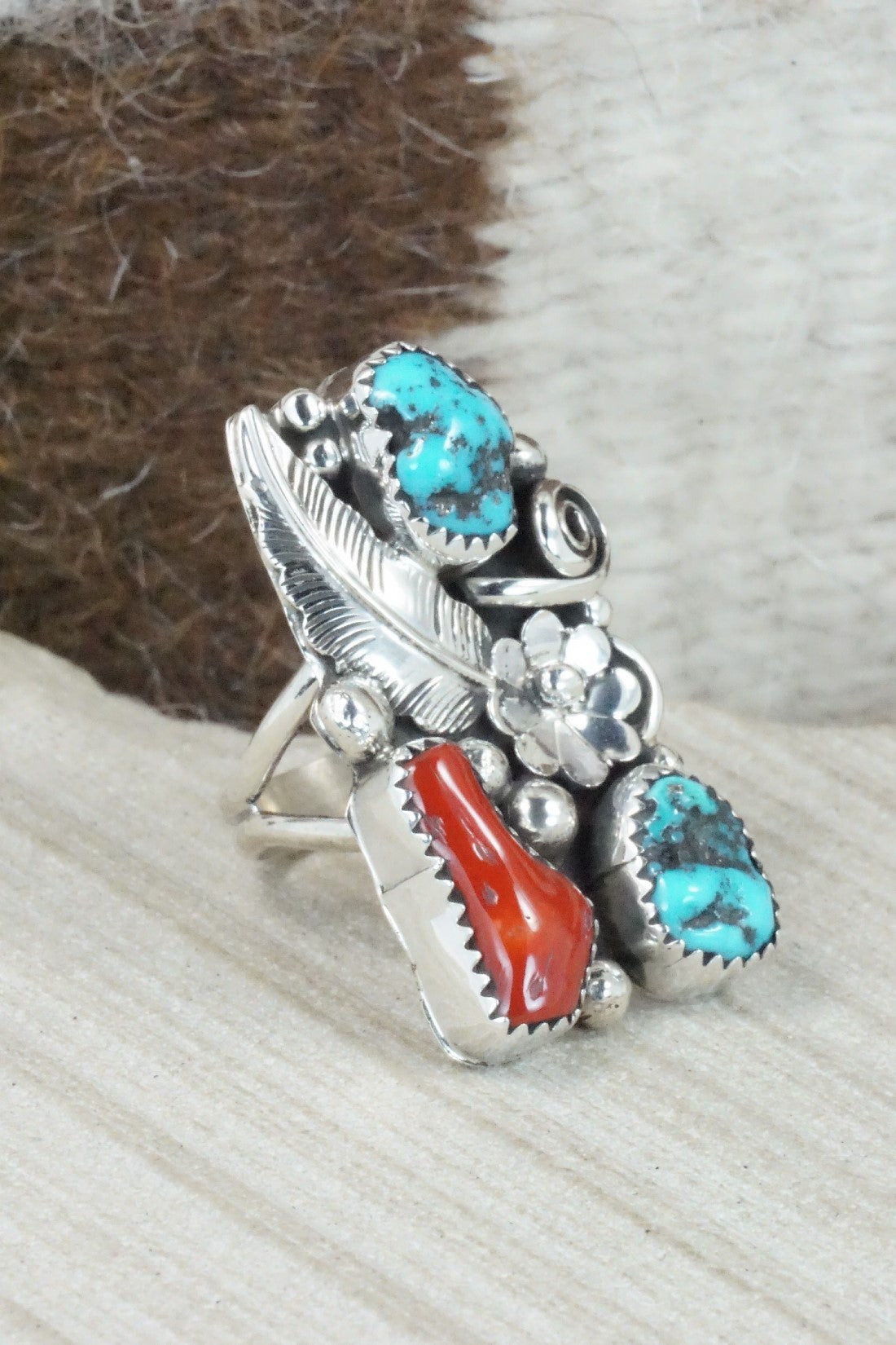 Turquoise, Coral & Sterling Silver Ring - Shirley Largo - Size 8.25
