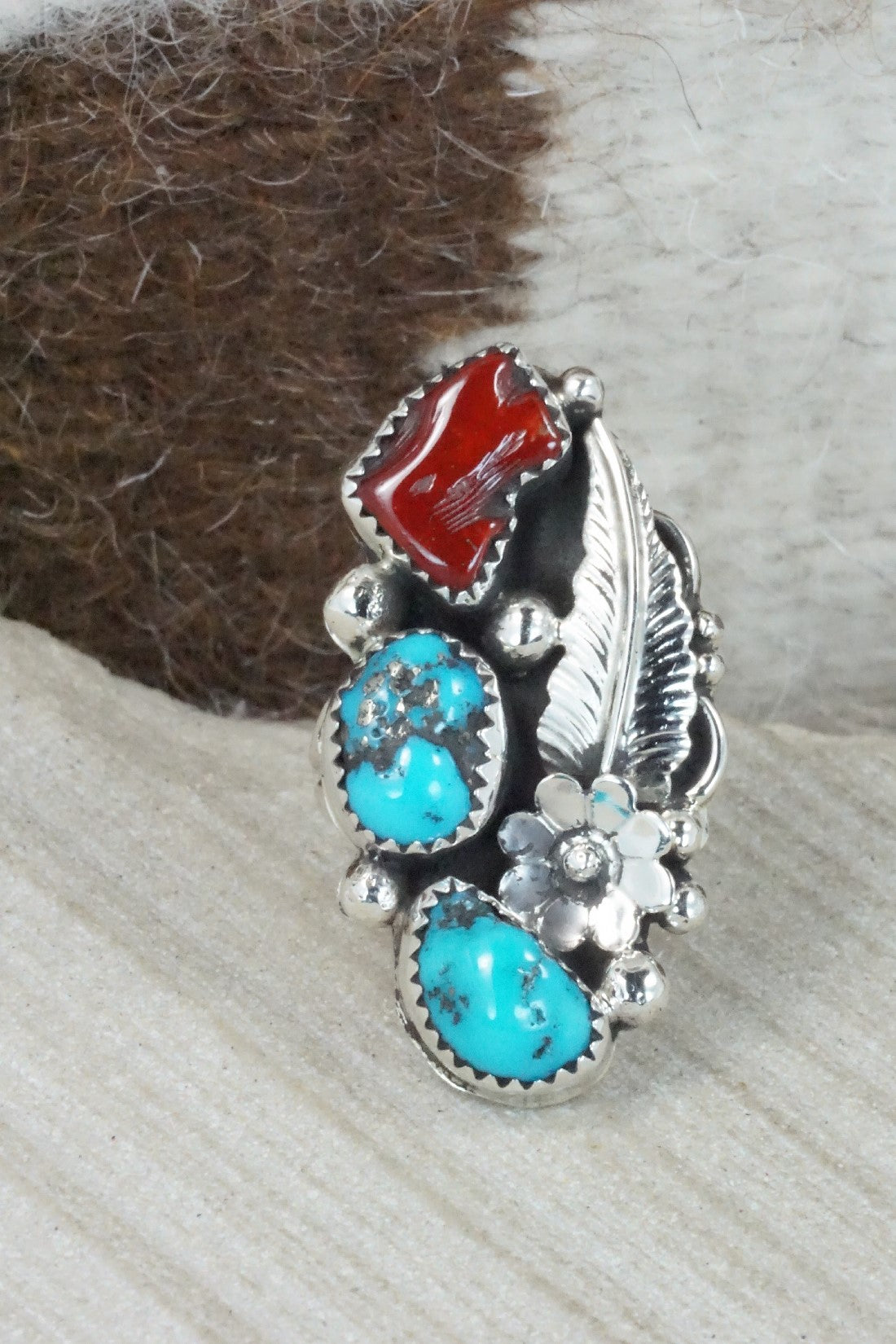 Turquoise, Coral & Sterling Silver Ring - Shirley Largo - Size 8.25