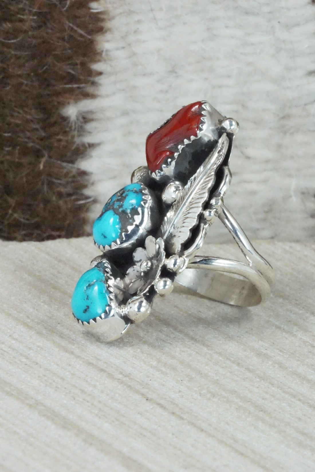 Turquoise, Coral & Sterling Silver Ring - Shirley Largo - Size 8.25