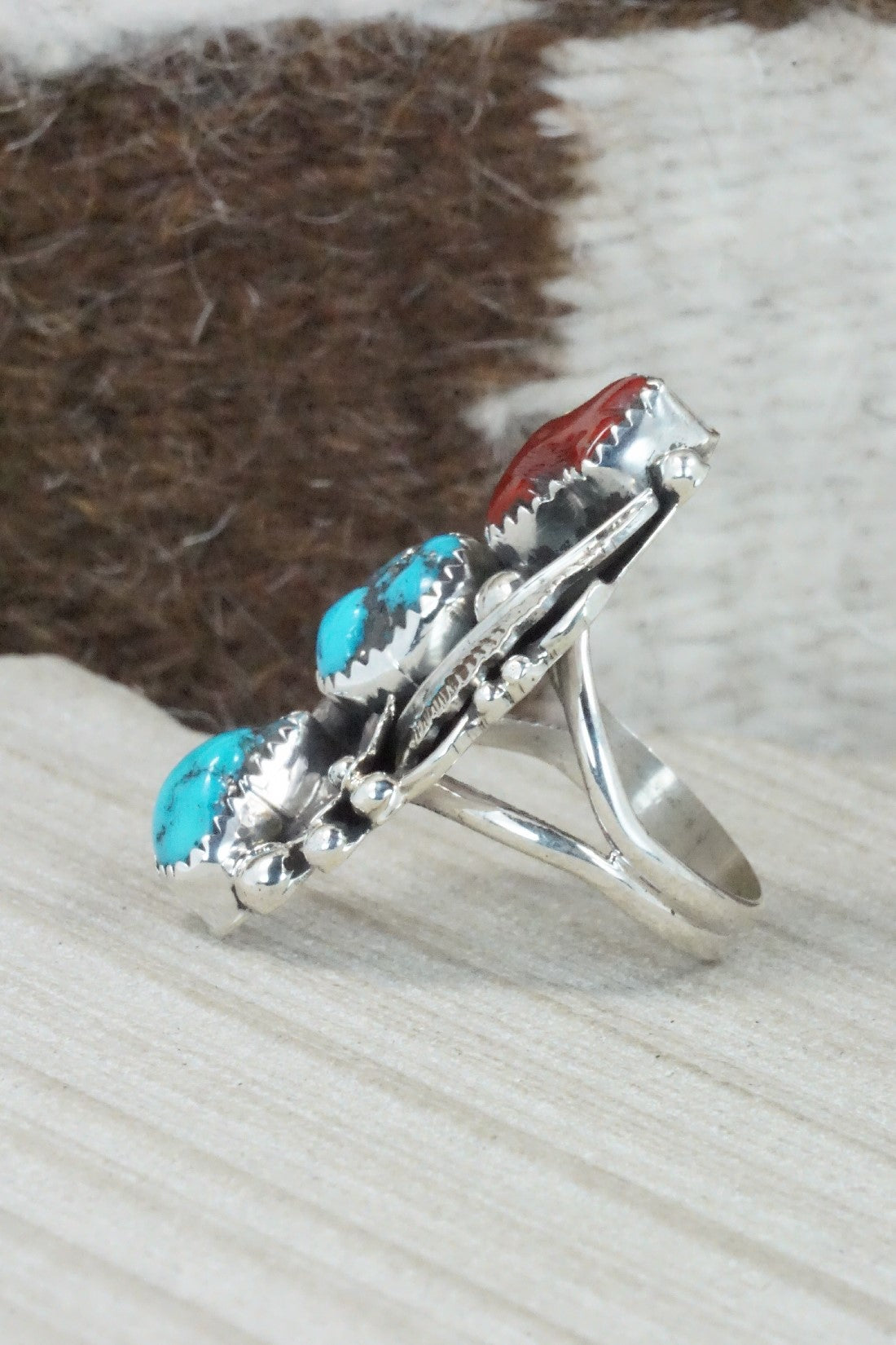 Turquoise, Coral & Sterling Silver Ring - Shirley Largo - Size 8.25