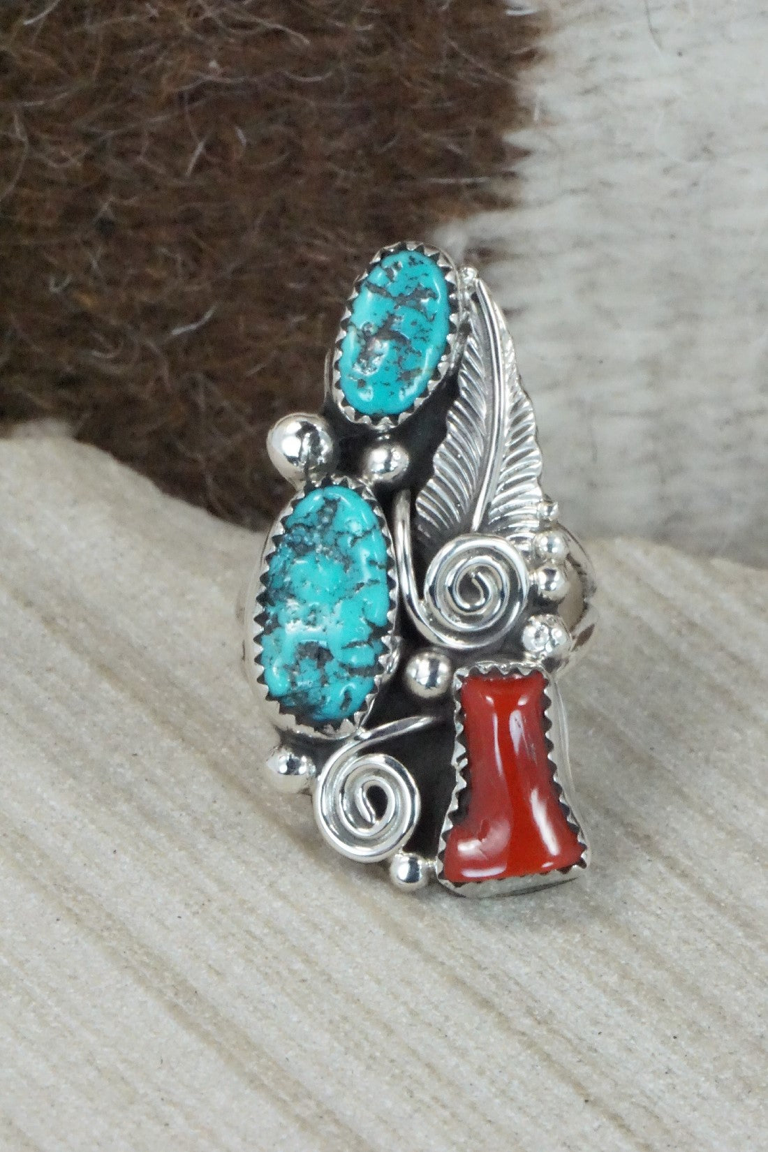 Turquoise, Coral & Sterling Silver Ring - Shirley Largo - Size 9.75