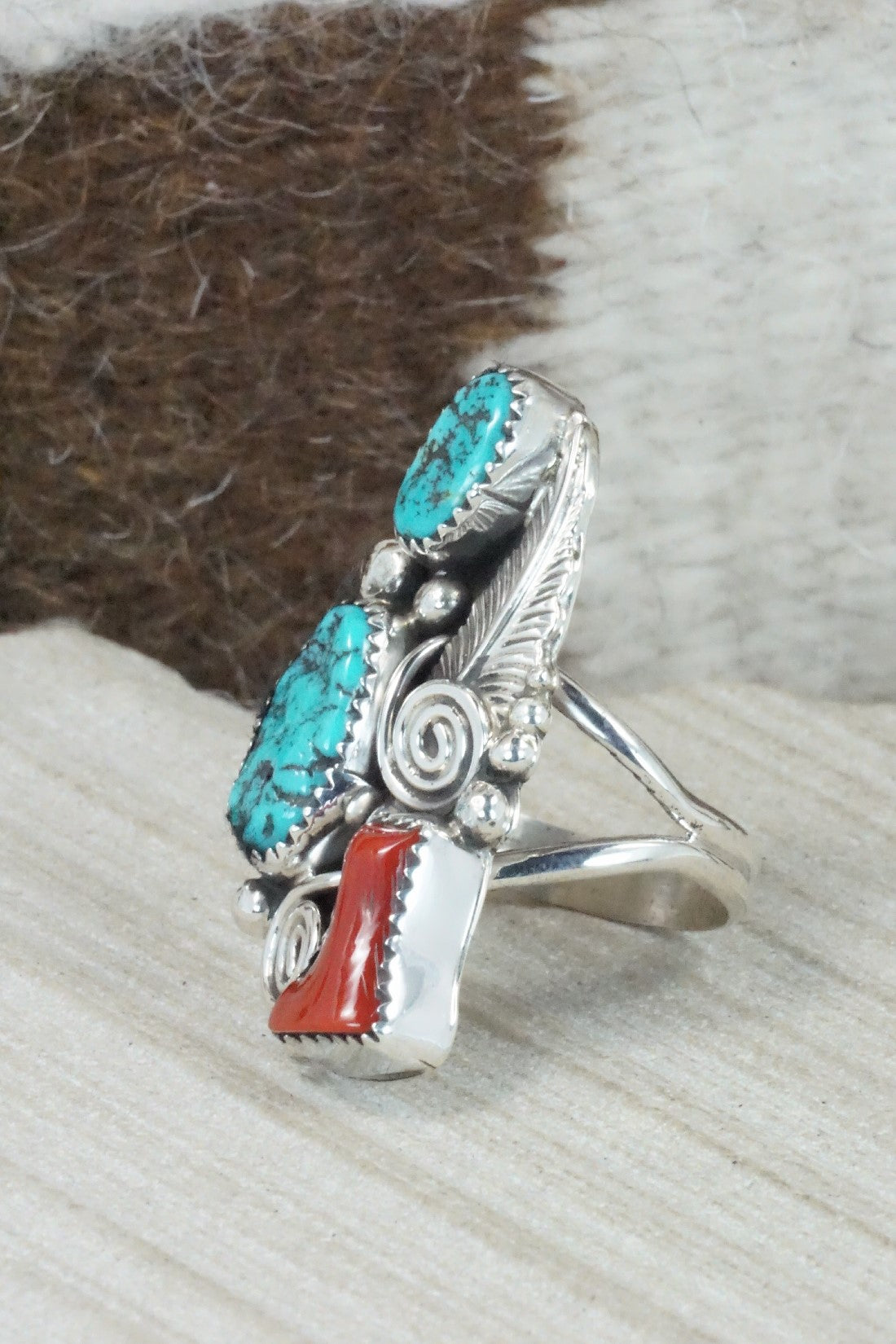 Turquoise, Coral & Sterling Silver Ring - Shirley Largo - Size 9.75