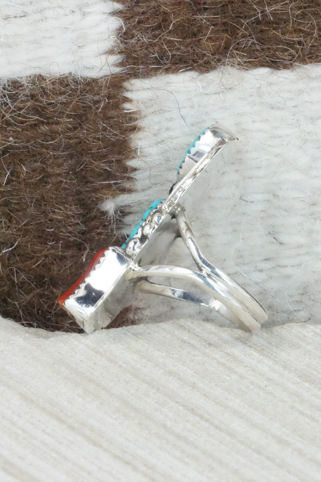 Turquoise, Coral & Sterling Silver Ring - Shirley Largo - Size 9.75
