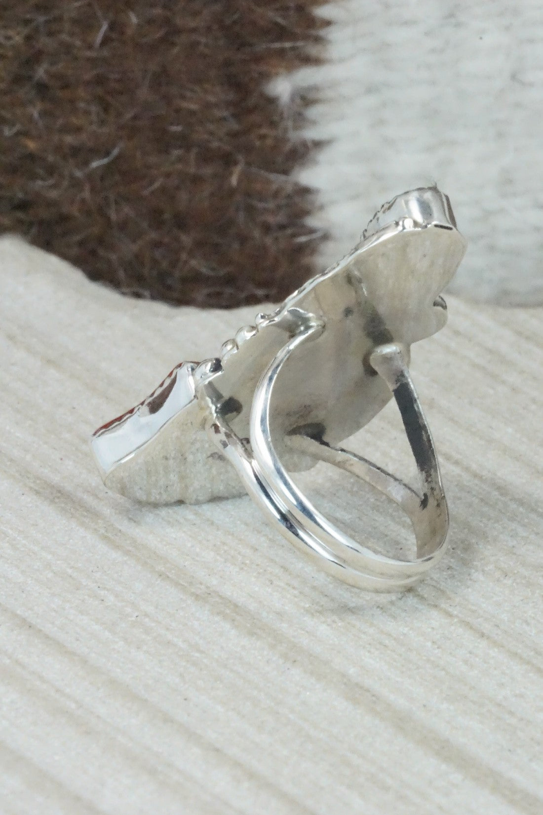 Turquoise, Coral & Sterling Silver Ring - Shirley Largo - Size 9.75
