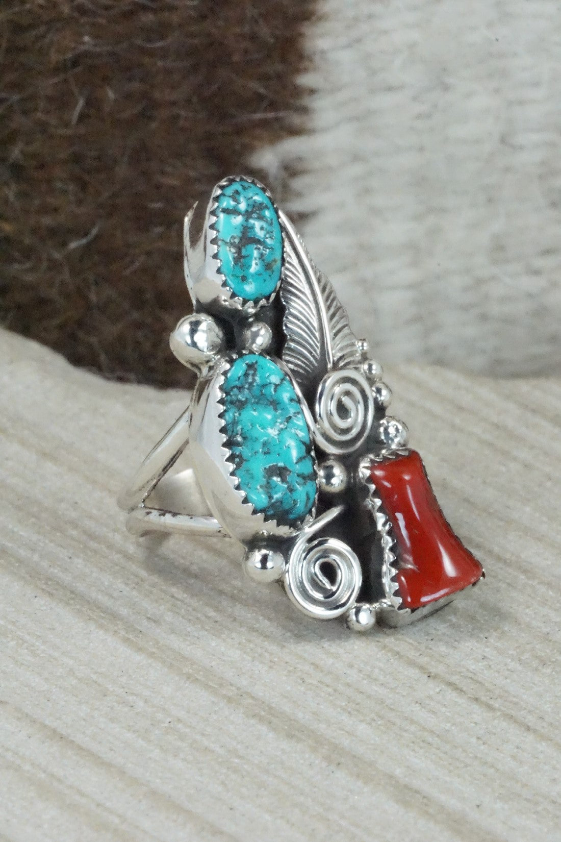 Turquoise, Coral & Sterling Silver Ring - Shirley Largo - Size 9.75