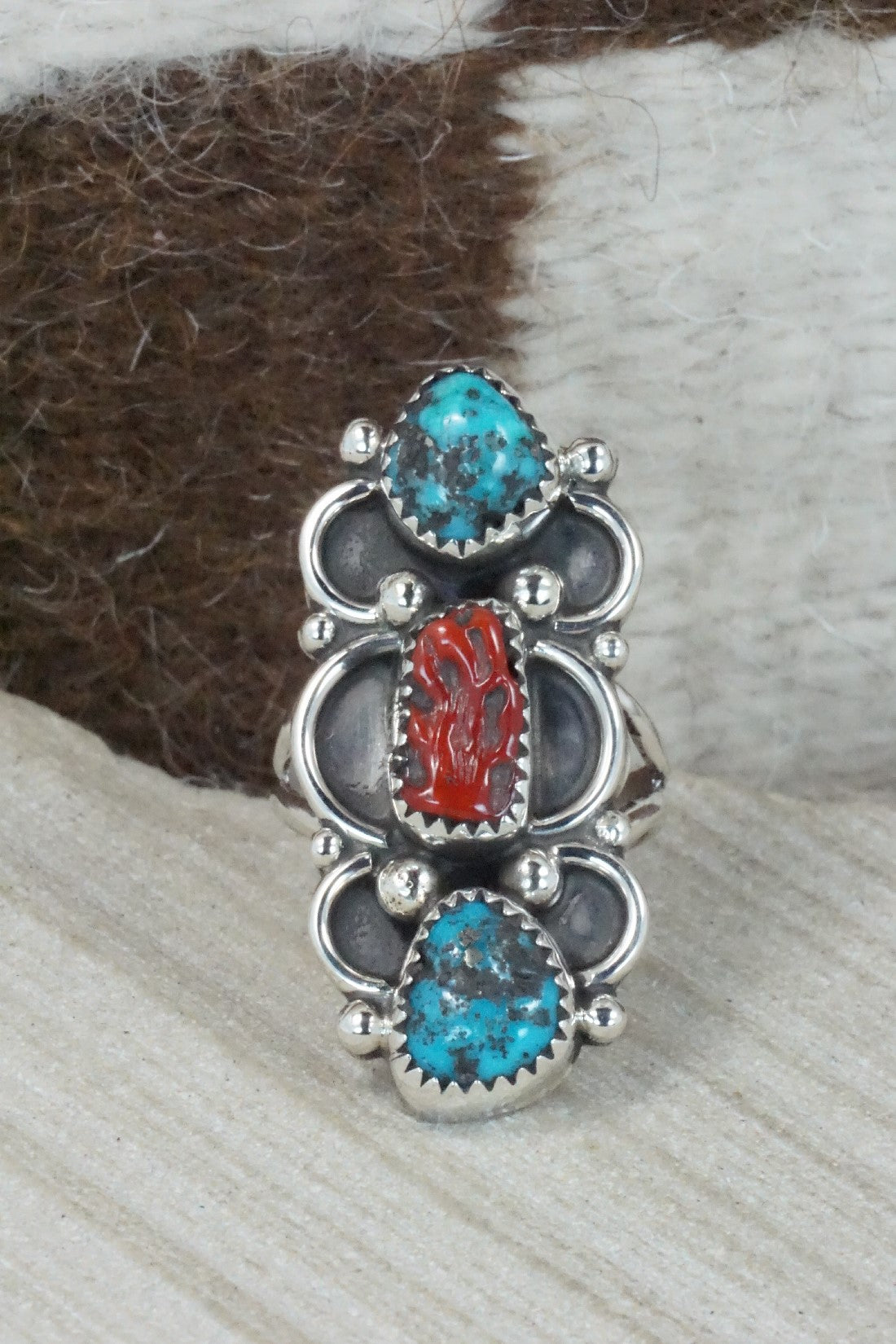 Turquoise, Coral & Sterling Silver Ring - Shirley Largo - Size 8.25