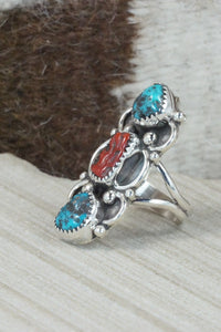 Turquoise, Coral & Sterling Silver Ring - Shirley Largo - Size 8.25