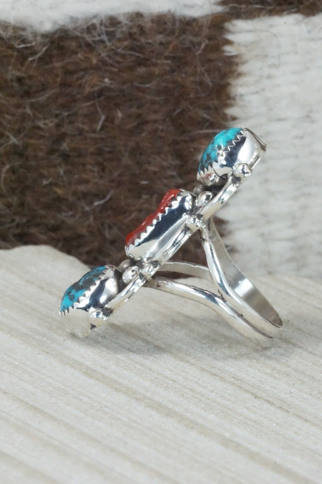 Turquoise, Coral & Sterling Silver Ring - Shirley Largo - Size 8.25