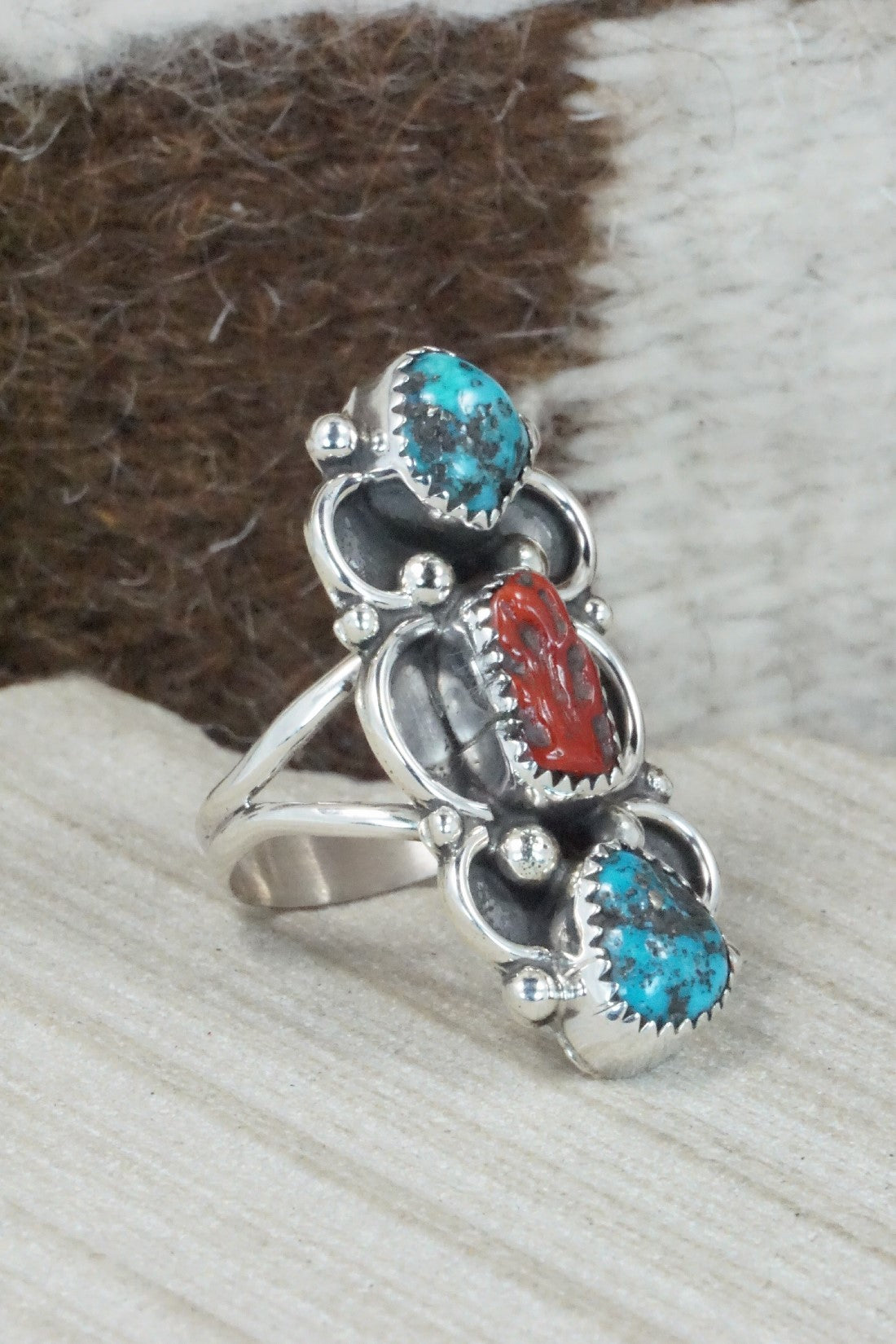 Turquoise, Coral & Sterling Silver Ring - Shirley Largo - Size 8.25