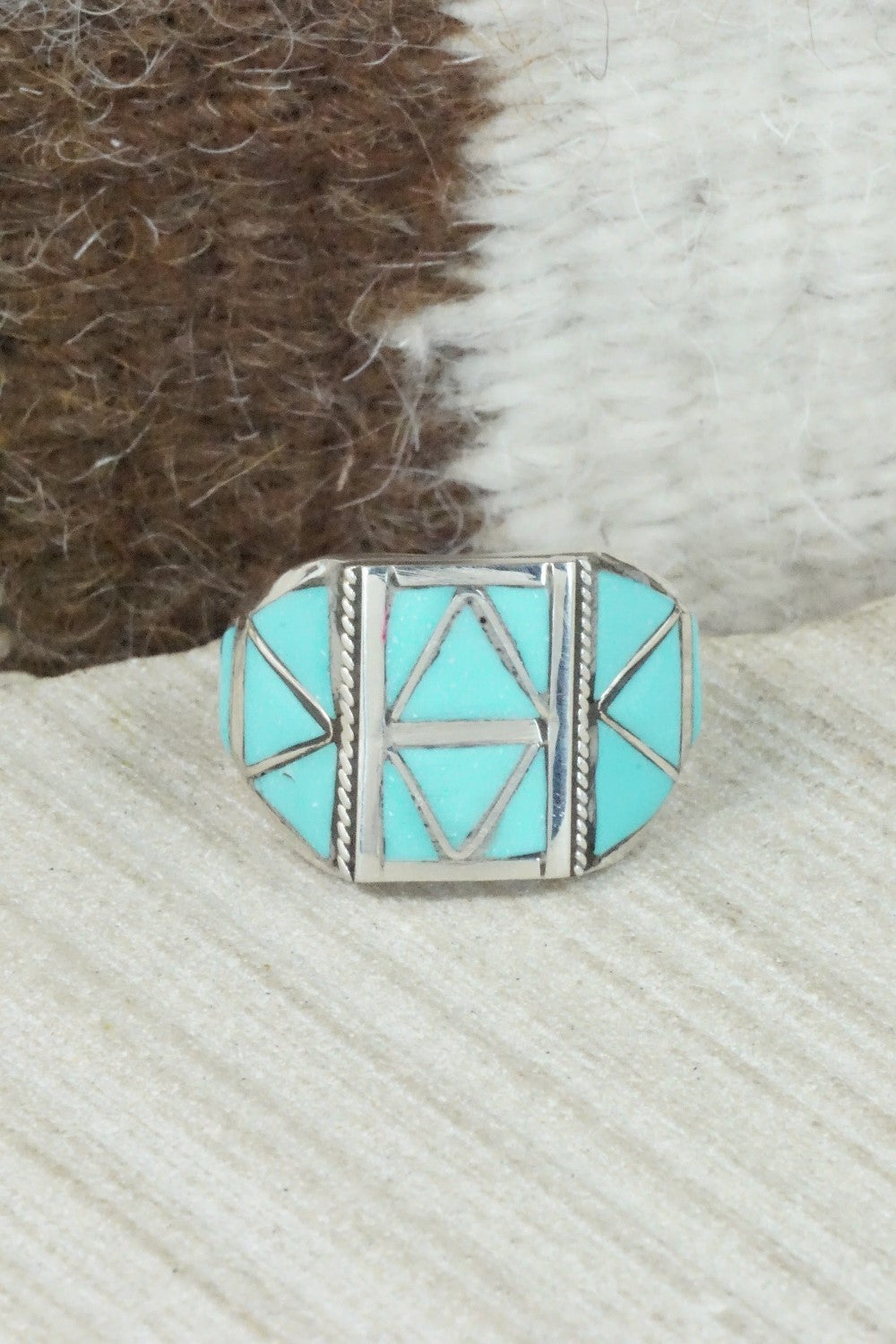 Turquoise & Sterling Silver Inlay Ring - Claudine Haloo - Size 10.5