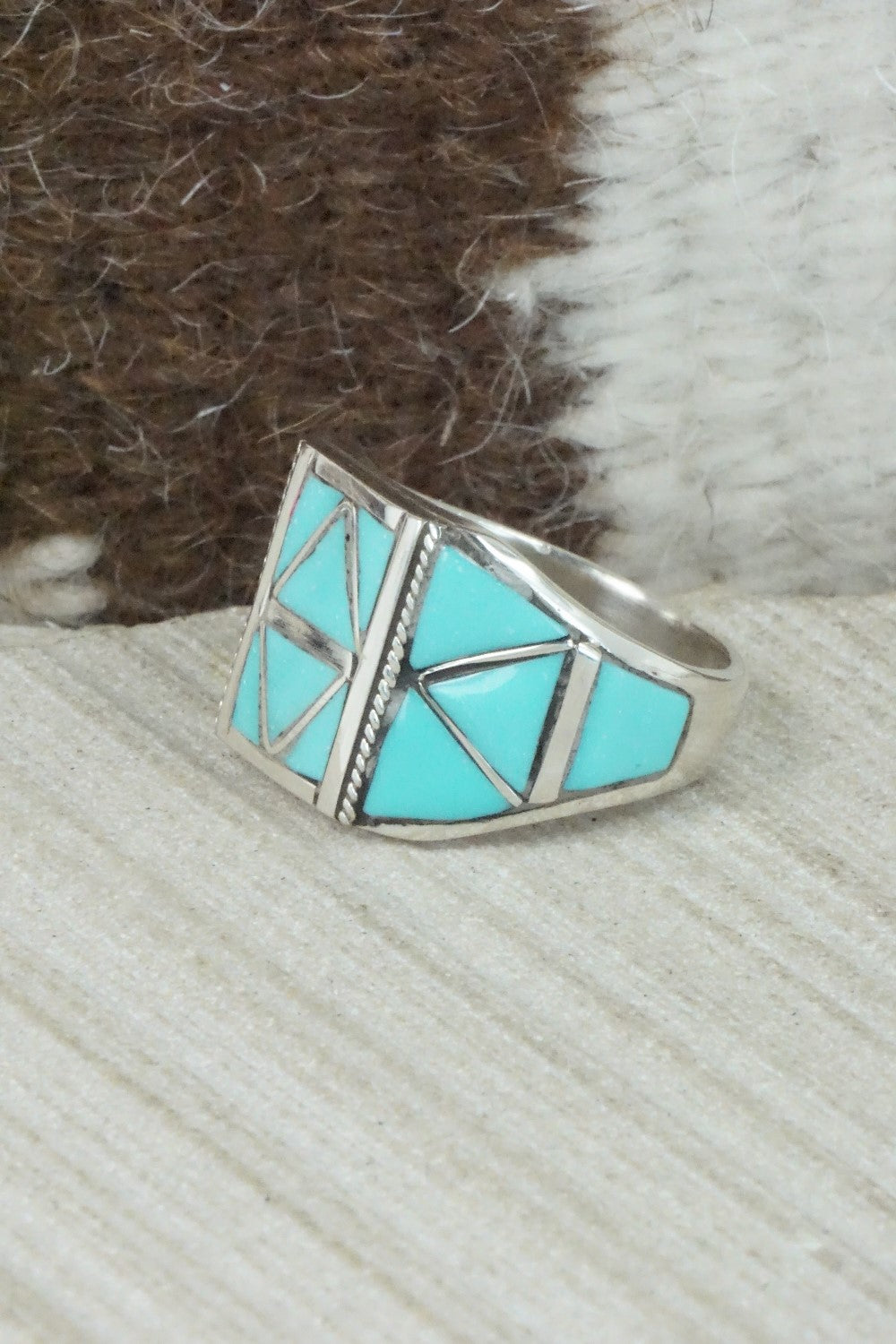 Turquoise & Sterling Silver Inlay Ring - Claudine Haloo - Size 10.5