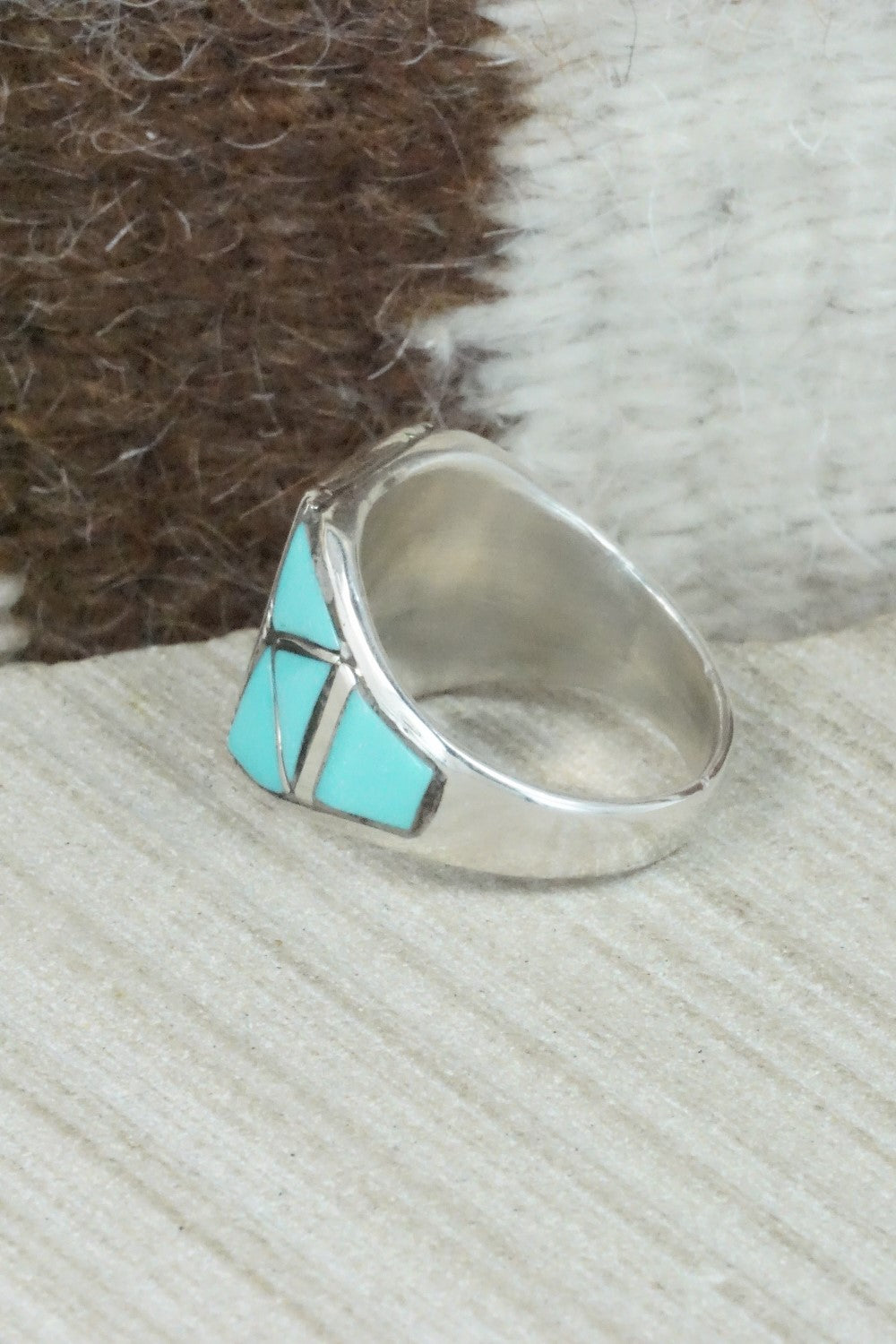 Turquoise & Sterling Silver Inlay Ring - Claudine Haloo - Size 10.5