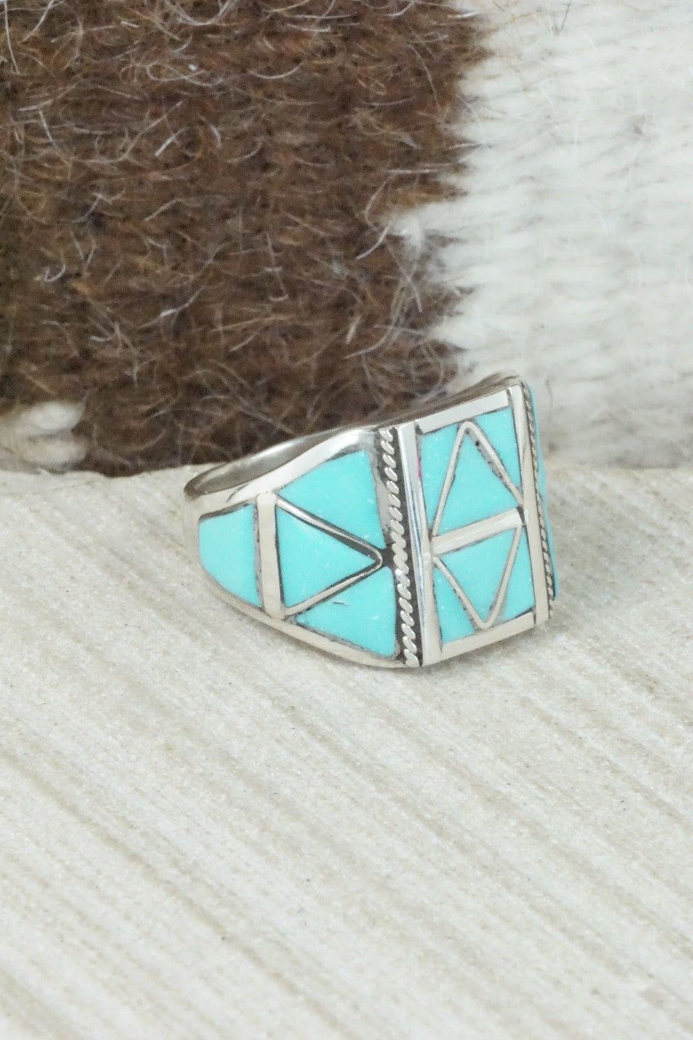 Turquoise & Sterling Silver Inlay Ring - Claudine Haloo - Size 10.5