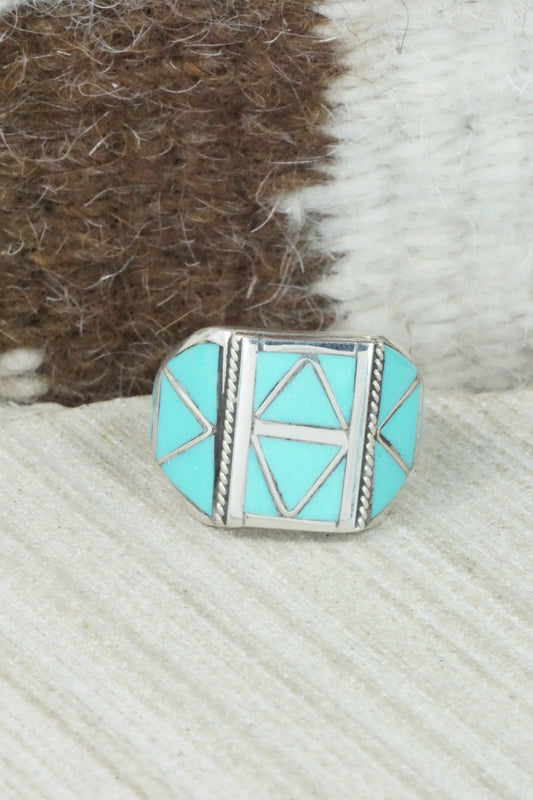 Turquoise & Sterling Silver Inlay Ring - Claudine Haloo - Size 8.5