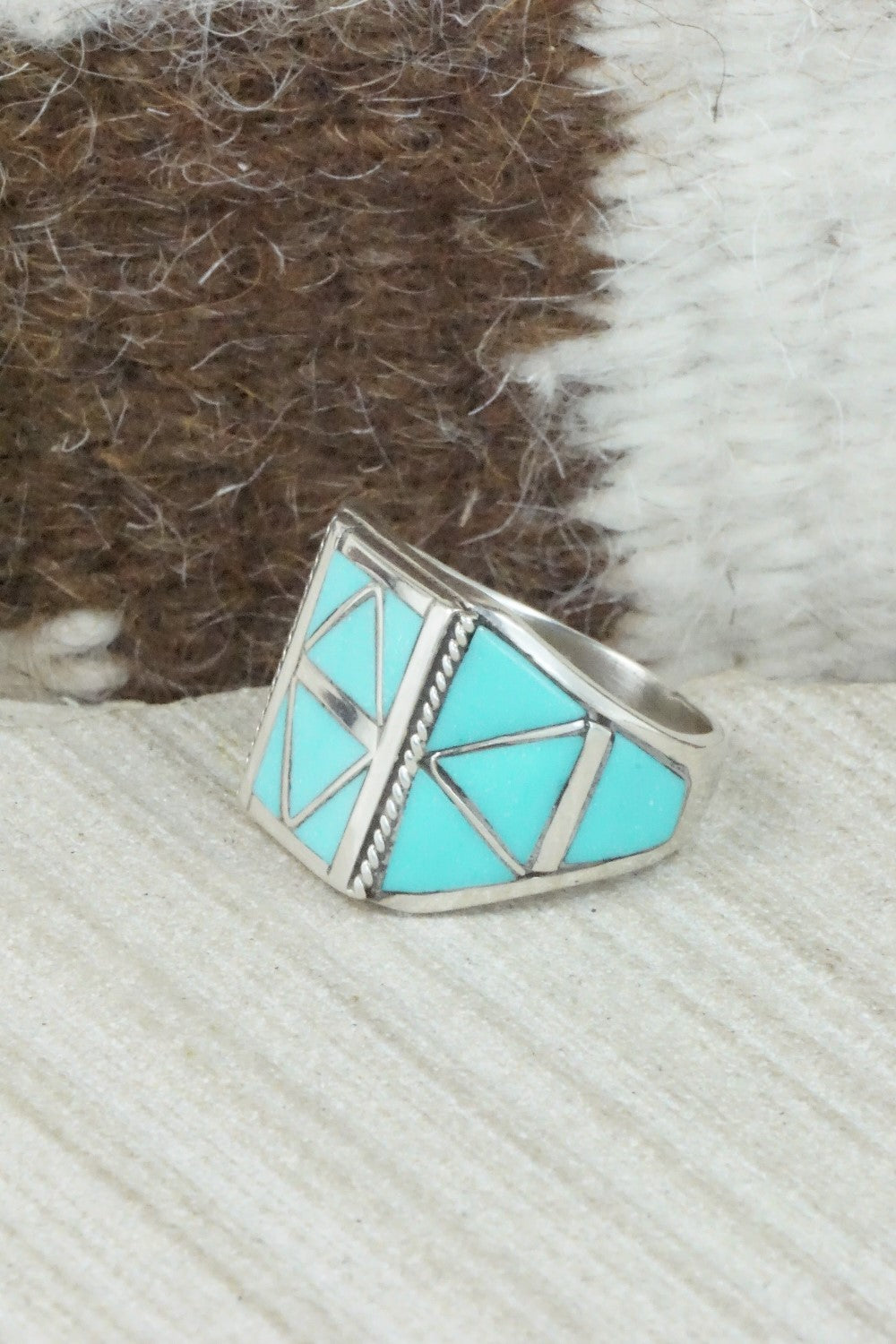 Turquoise & Sterling Silver Inlay Ring - Claudine Haloo - Size 8.5